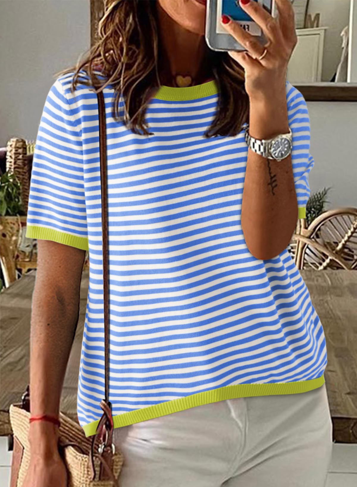 Womens Tops CasualCrewneck Short Sleeve Striped Color Block Knit Trendy Pullover Sweaters