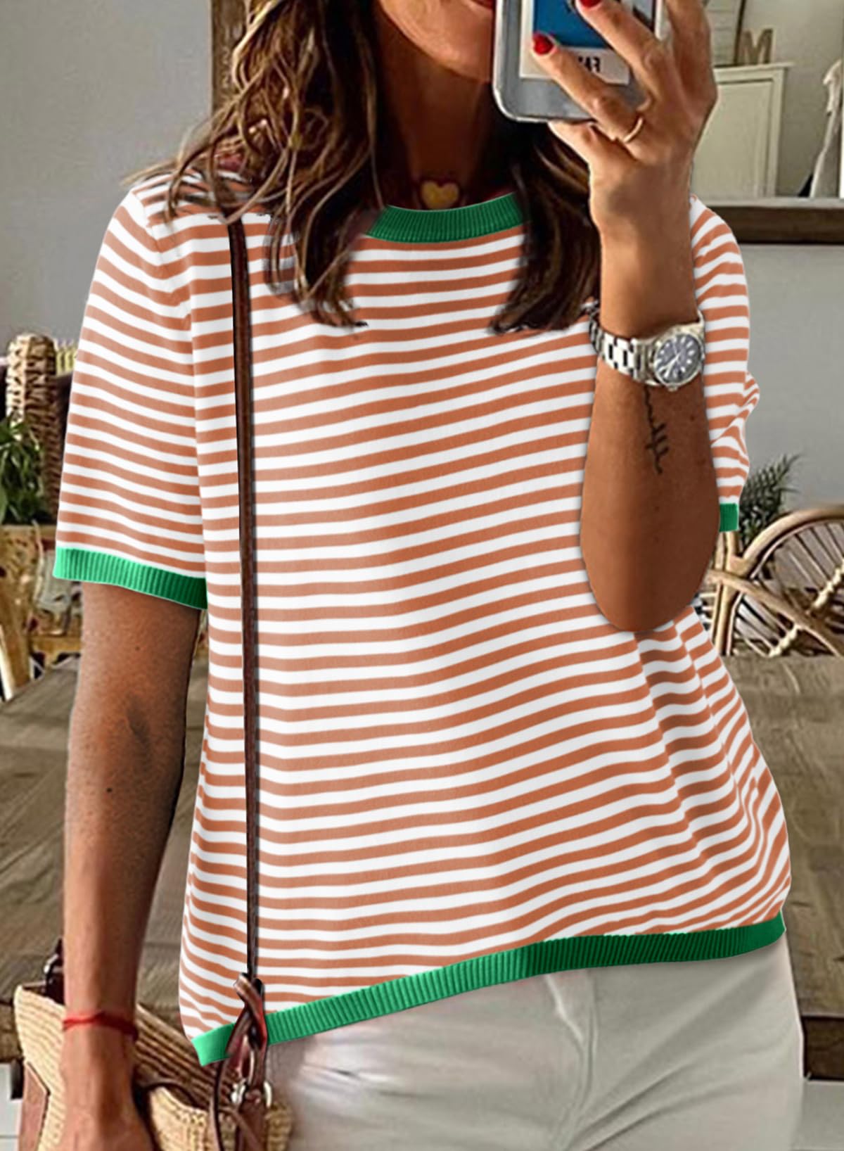 Womens Tops CasualCrewneck Short Sleeve Striped Color Block Knit Trendy Pullover Sweaters