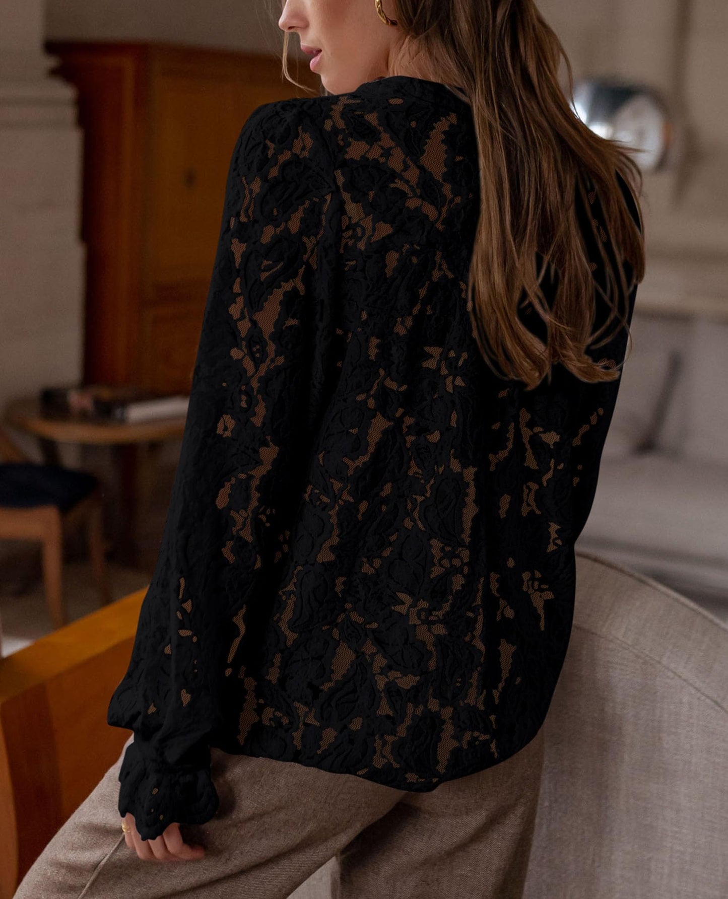 Women's Dressy Casual Lace Blouse Long Sleeve Button Up Shirts Tops