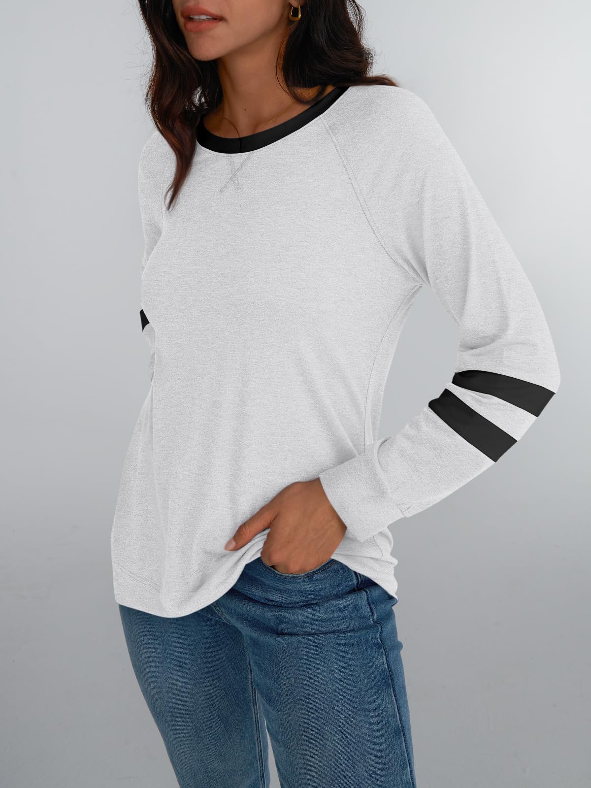 Womens Long Sleeve Shirts Color Block Casual Crewneck Tops Tshirt