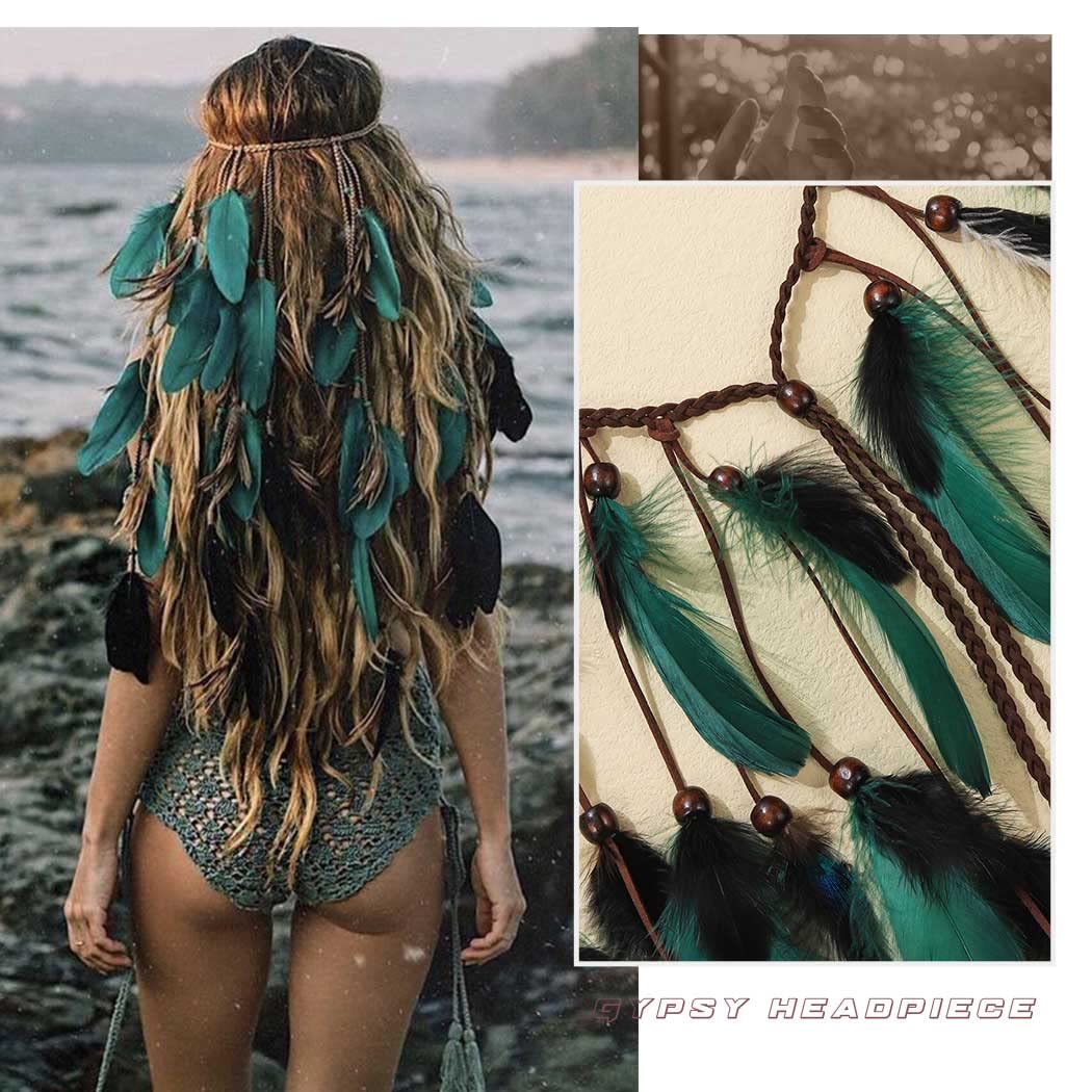 GORTIN Boho Feather Headband Gypsy Headpiece Headdress Bohemian Hippie Headbands Indian Festival Hair Band Adjust Long Feather Hair Accessories for Women and Girls (Black+Green)