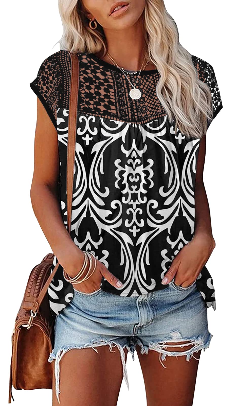 Womens Cap Sleeve Tops 2024 Trendy Floral Print Summer Tops Loose Fit Lace T Shirts Blouses