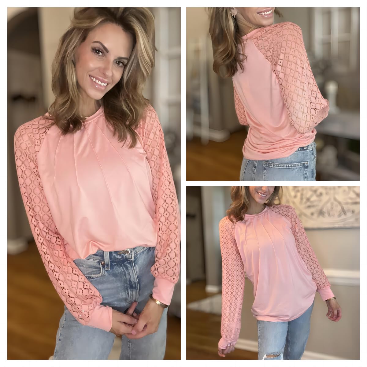 Women's Lace Long Sleeve Tops Dressy Business Casual Blouses Front Pleated Work Shirts