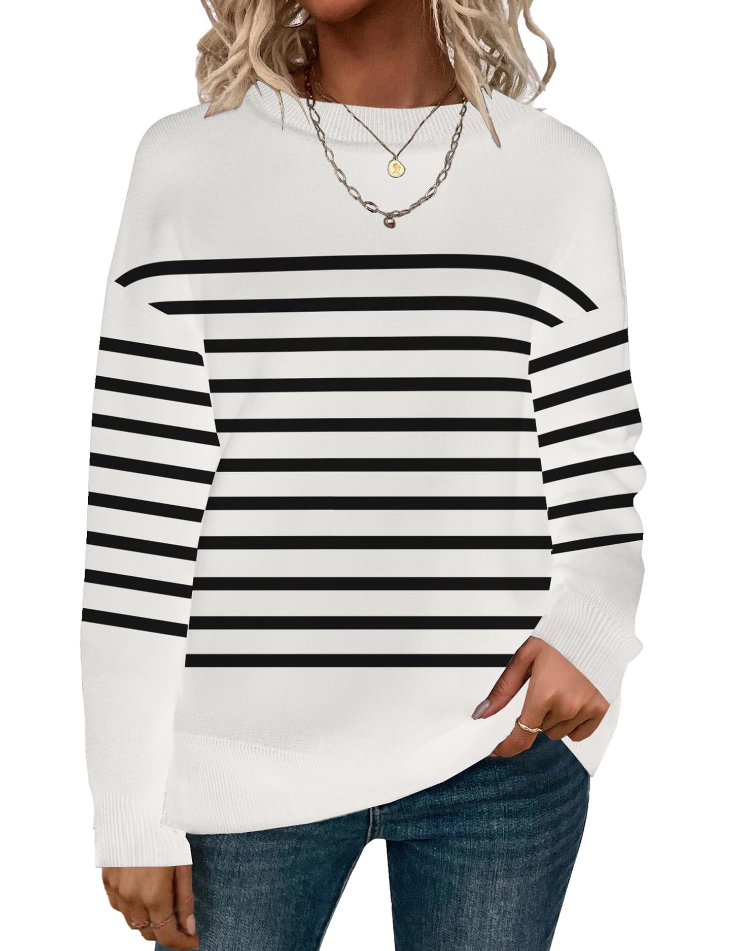 Womens Crewneck Pullover Sweater Long Sleeve Knit Side Slit