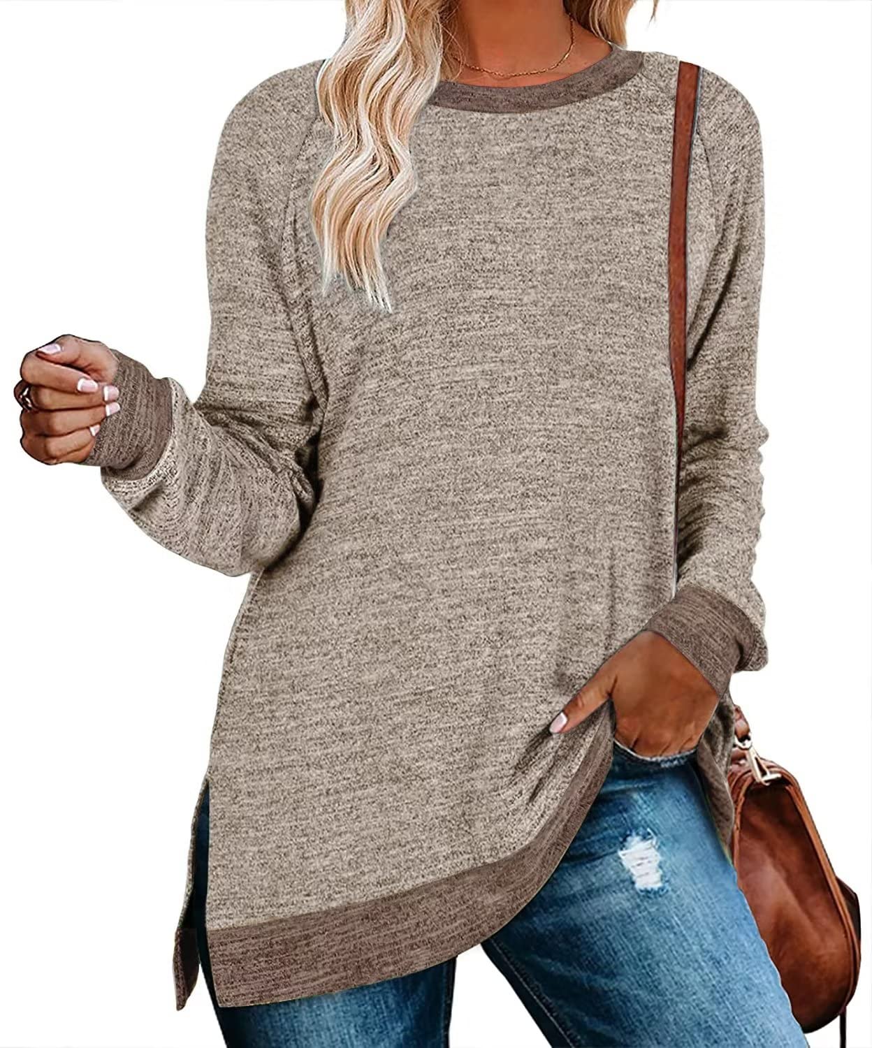Womens Crewneck Pullovers Color Block Long Sleeve Side Split Tunic Tops