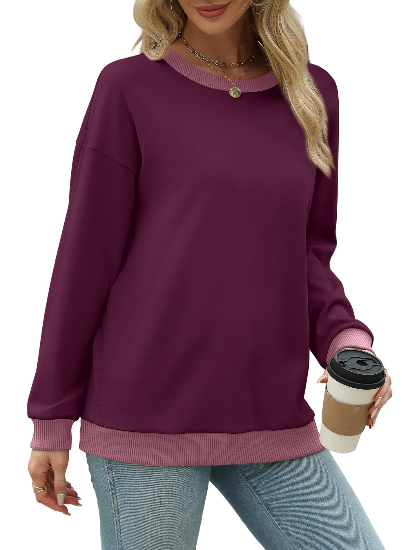 Sweatshirts for Women Crewneck Long Sleeve Loose Fit Tops Color Block Ribbed Trim Fashion