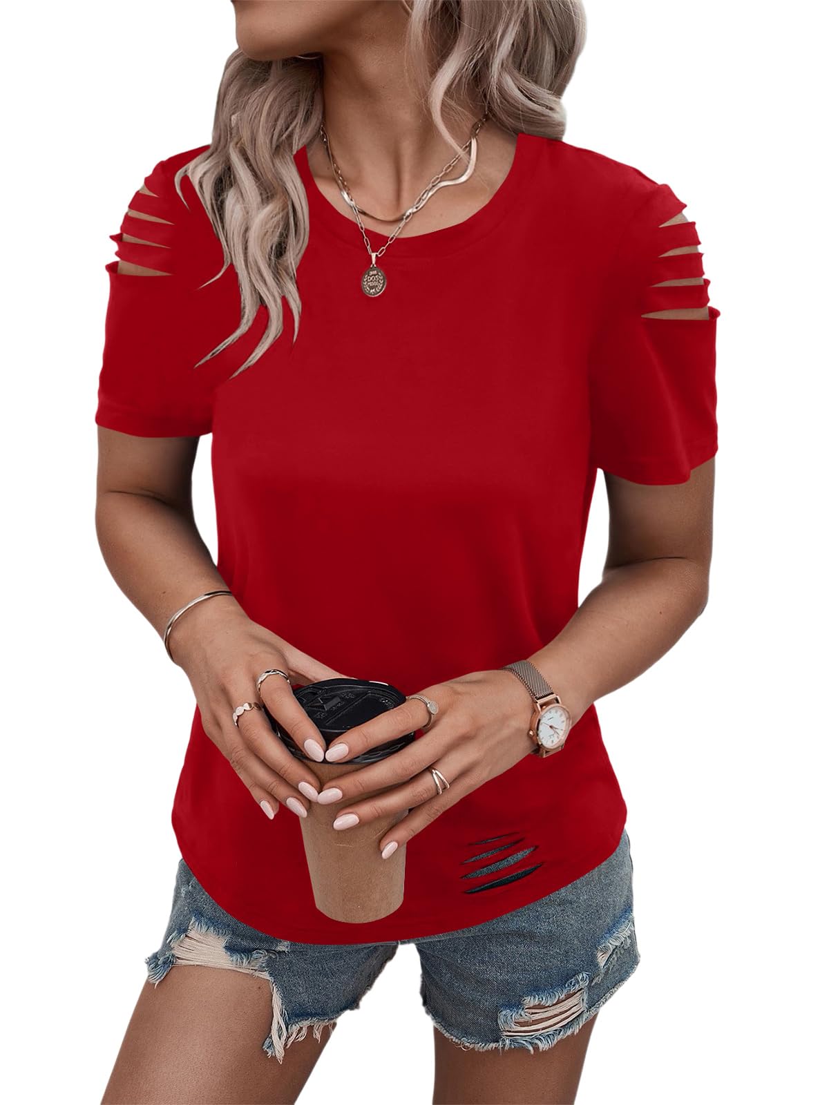 Women's Short Sleeve T Shirts Crew Neck Ripped Cut Out Summer Casual Basic Tees Tops