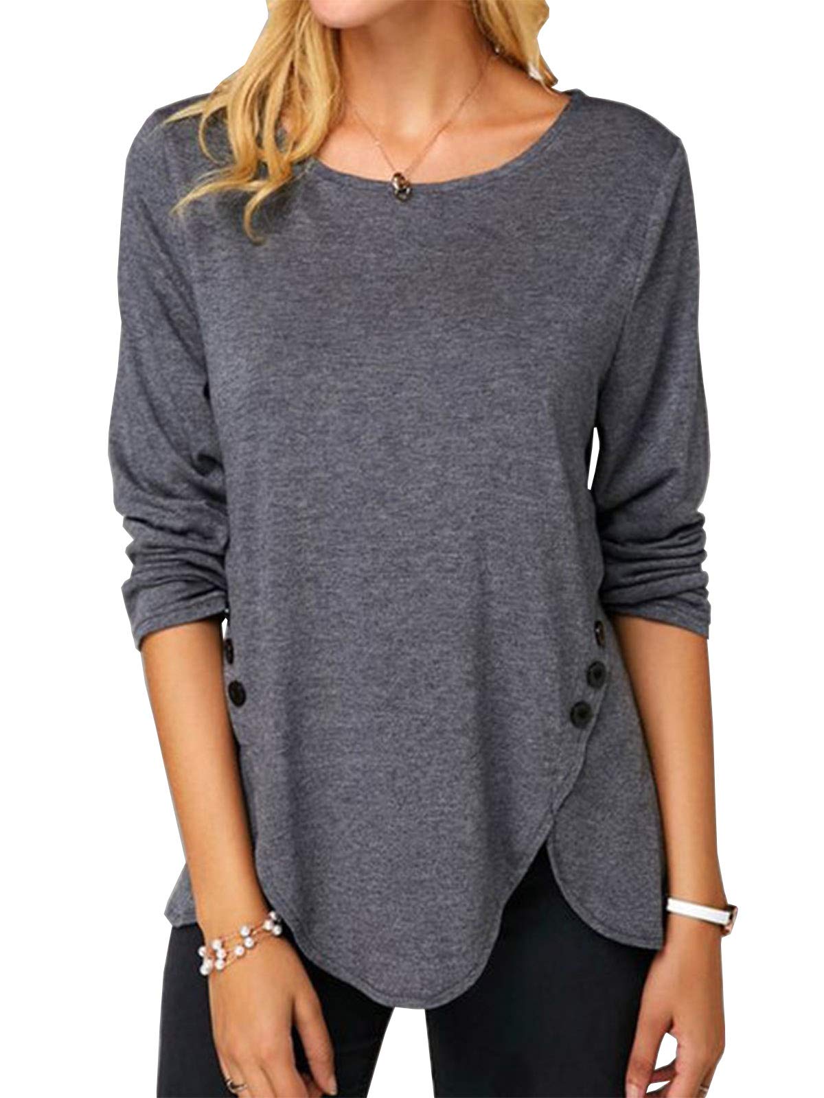 Womens Casual Long Sleeve Tunic Shirts Round Neck Button Side Blouses Tops