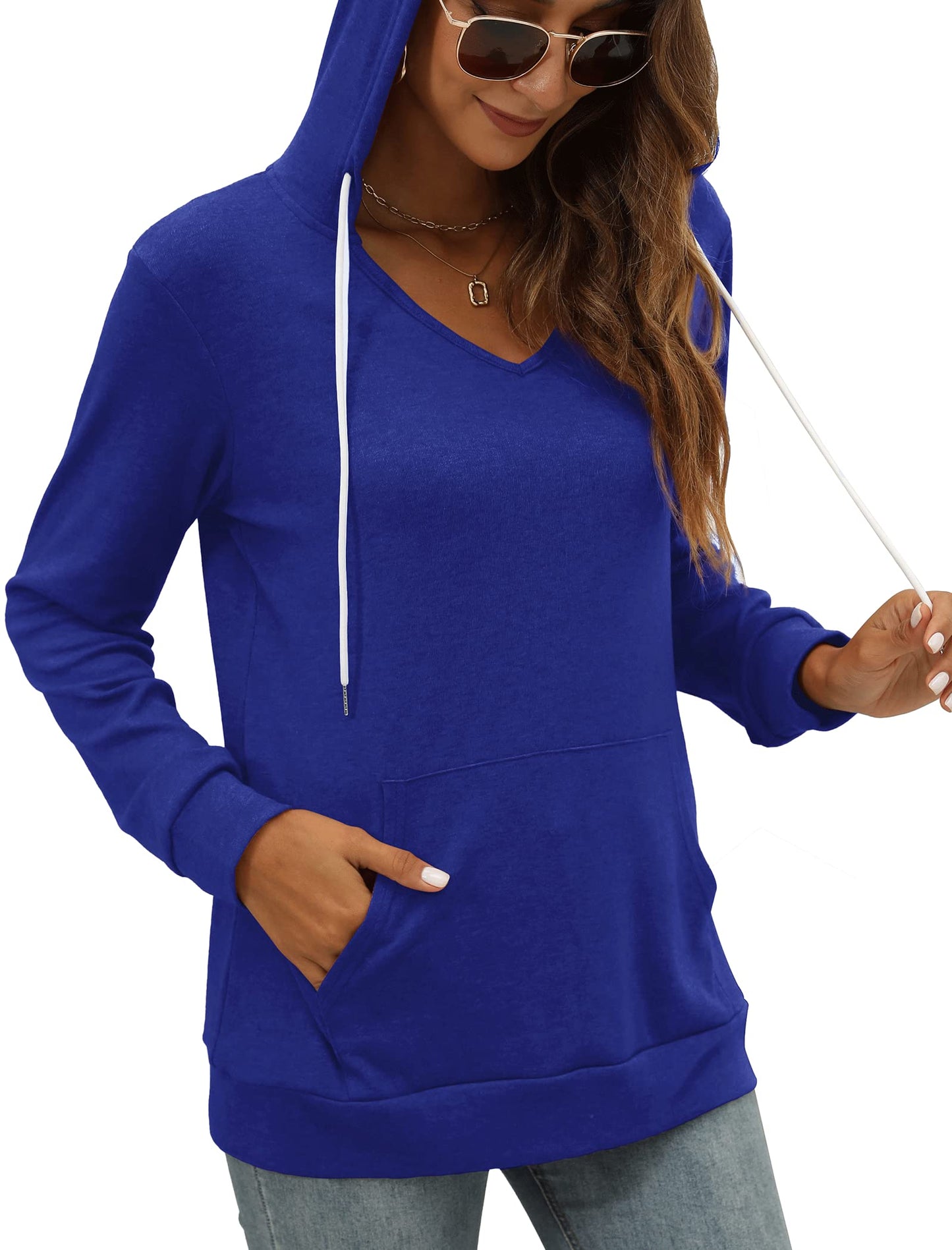 Pocket Hoodies for Womens V Neck Lightweight Sweatshirts Long Sleeve Tops