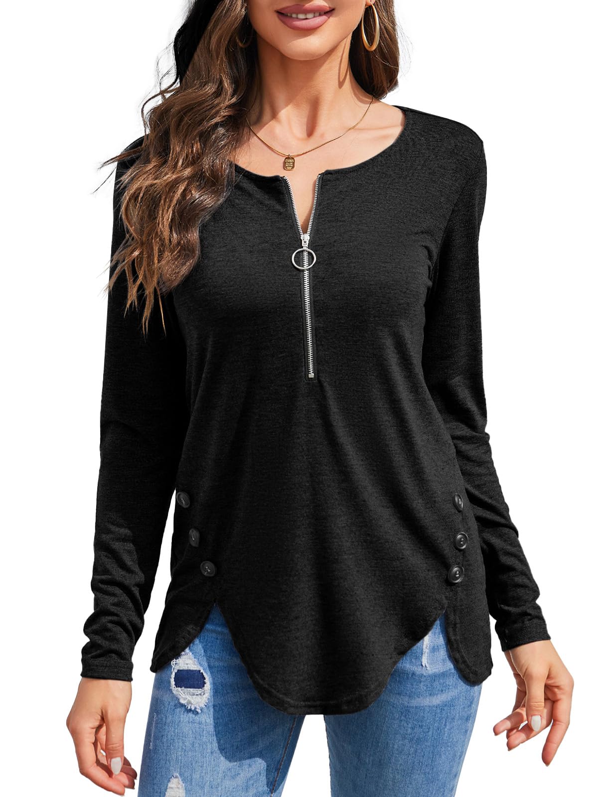 Womens Casual Long Sleeve Tunic Shirts Round Neck Button Side Blouses Tops
