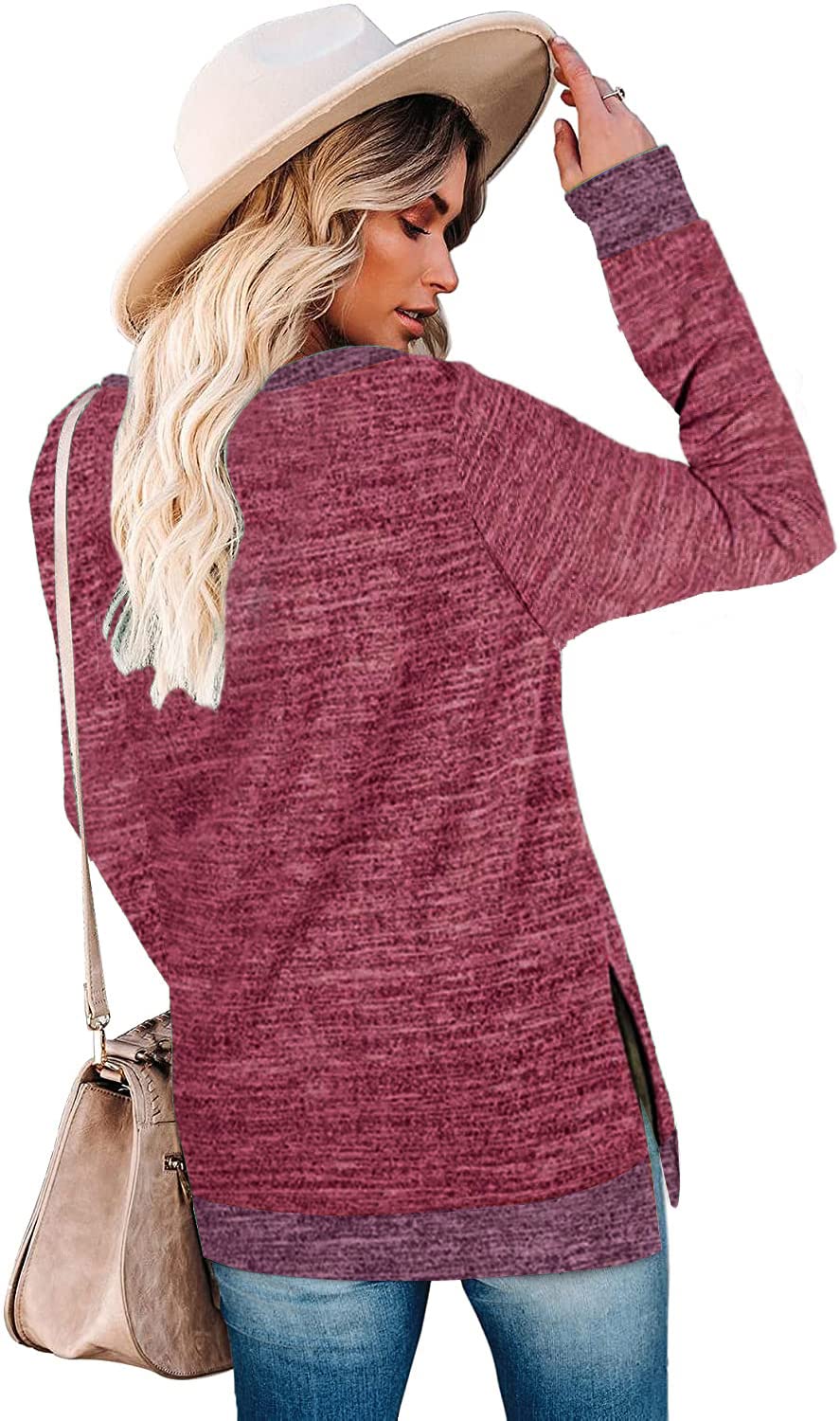Womens Crewneck Pullovers Color Block Long Sleeve Side Split Tunic Tops