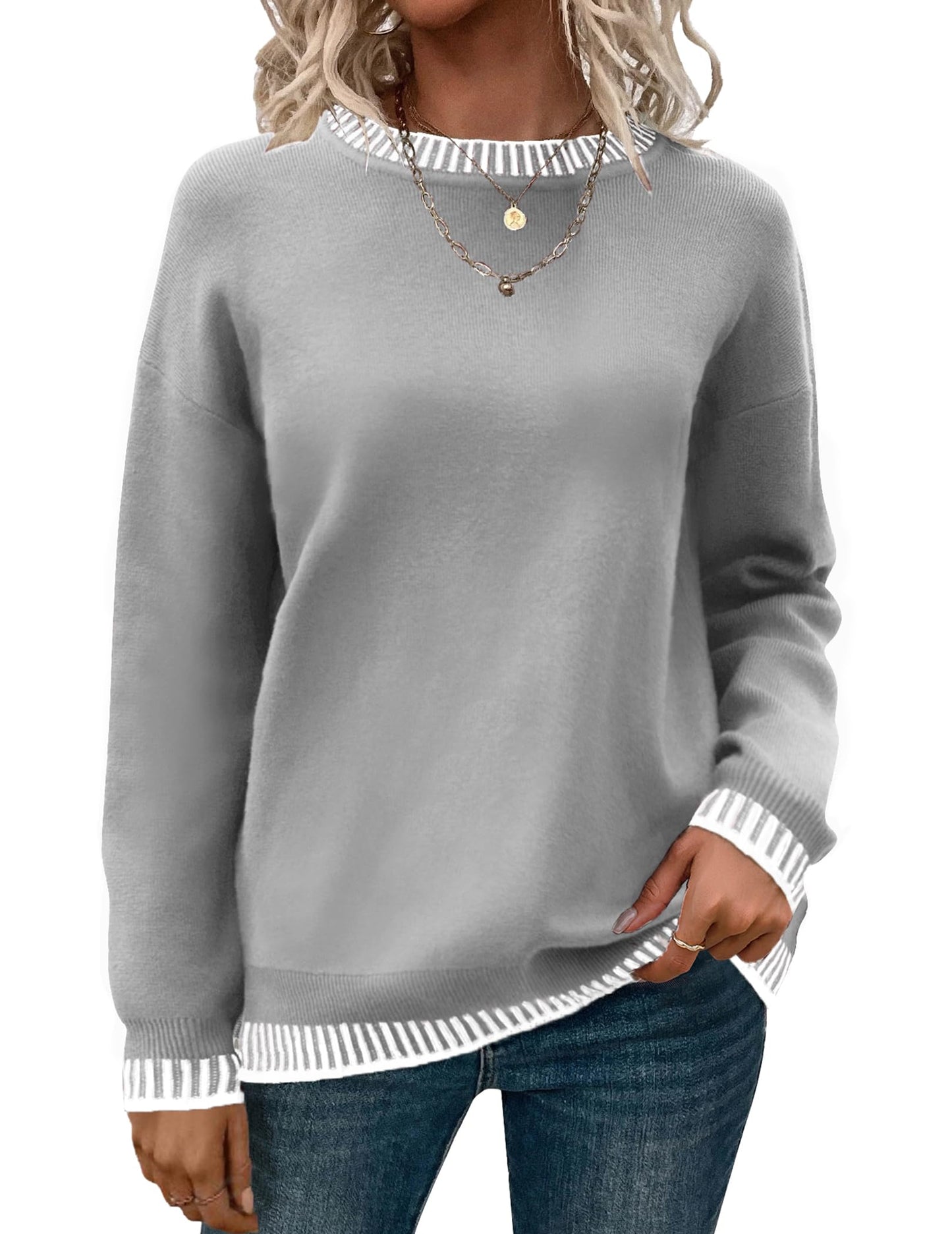 Womens Crewneck Pullover Sweater Long Sleeve Knit Side Slit