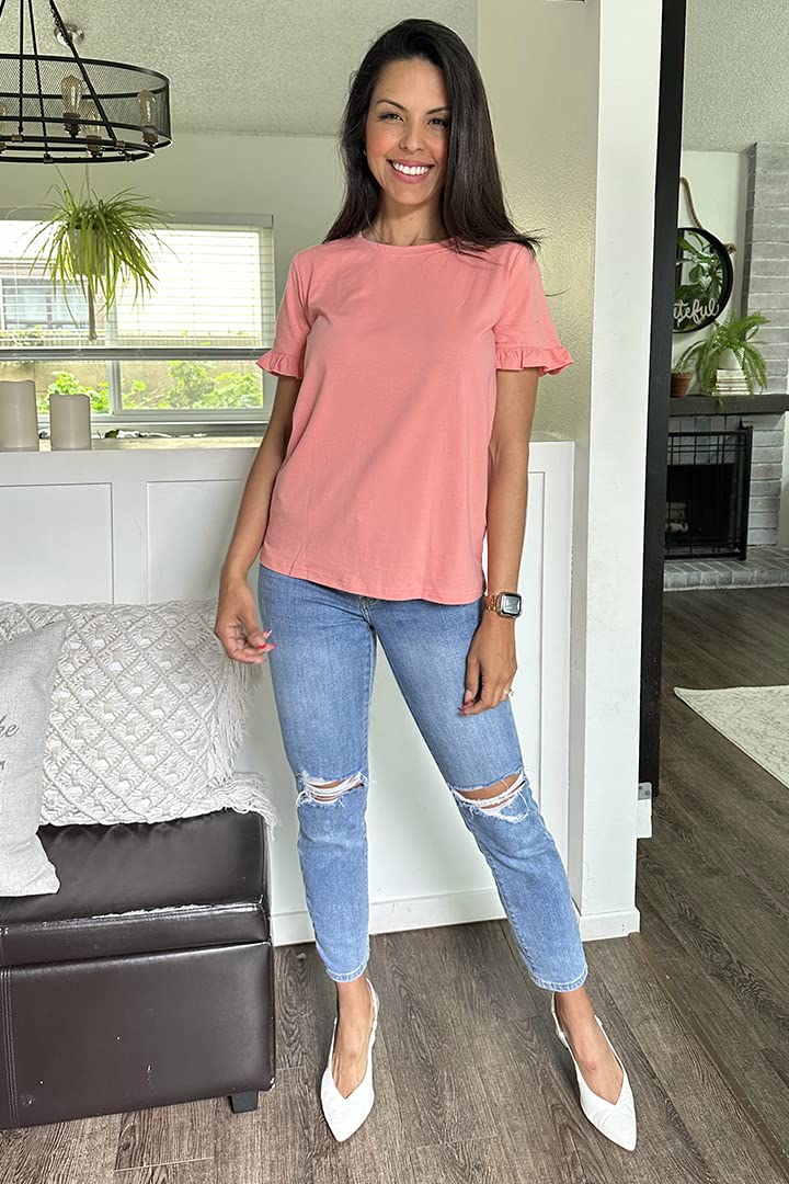 Women's Short Sleeve Casual T Shirts Summer Ruffle Plain Round Neck Loose Fit Tee Blouse Tops