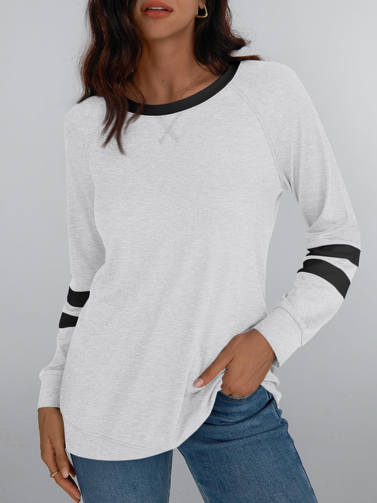 Womens Long Sleeve Shirts Color Block Casual Crewneck Tops Tshirt