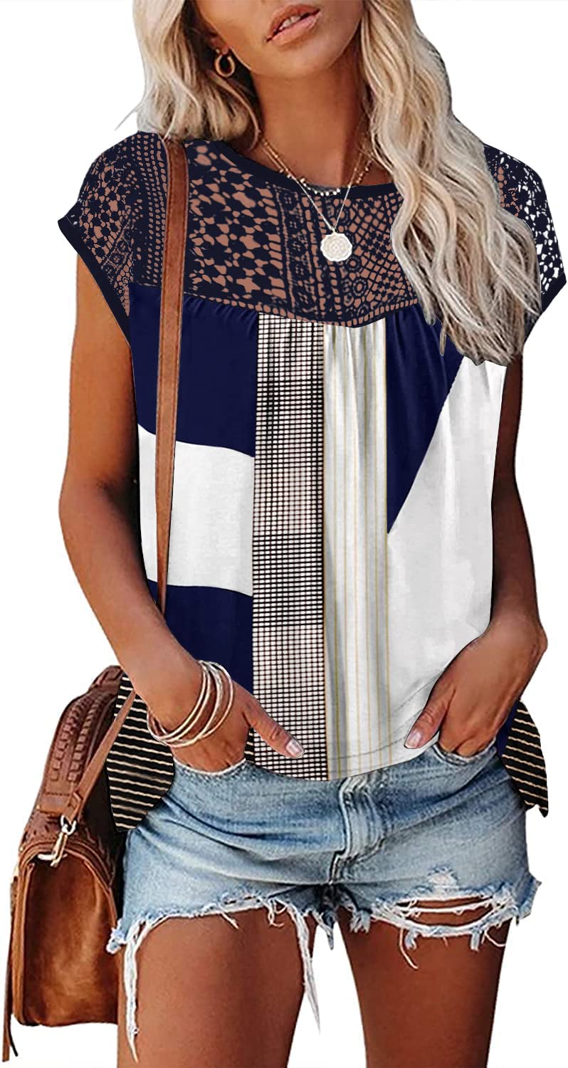Womens Cap Sleeve Tops 2024 Trendy Floral Print Summer Tops Loose Fit Lace T Shirts Blouses