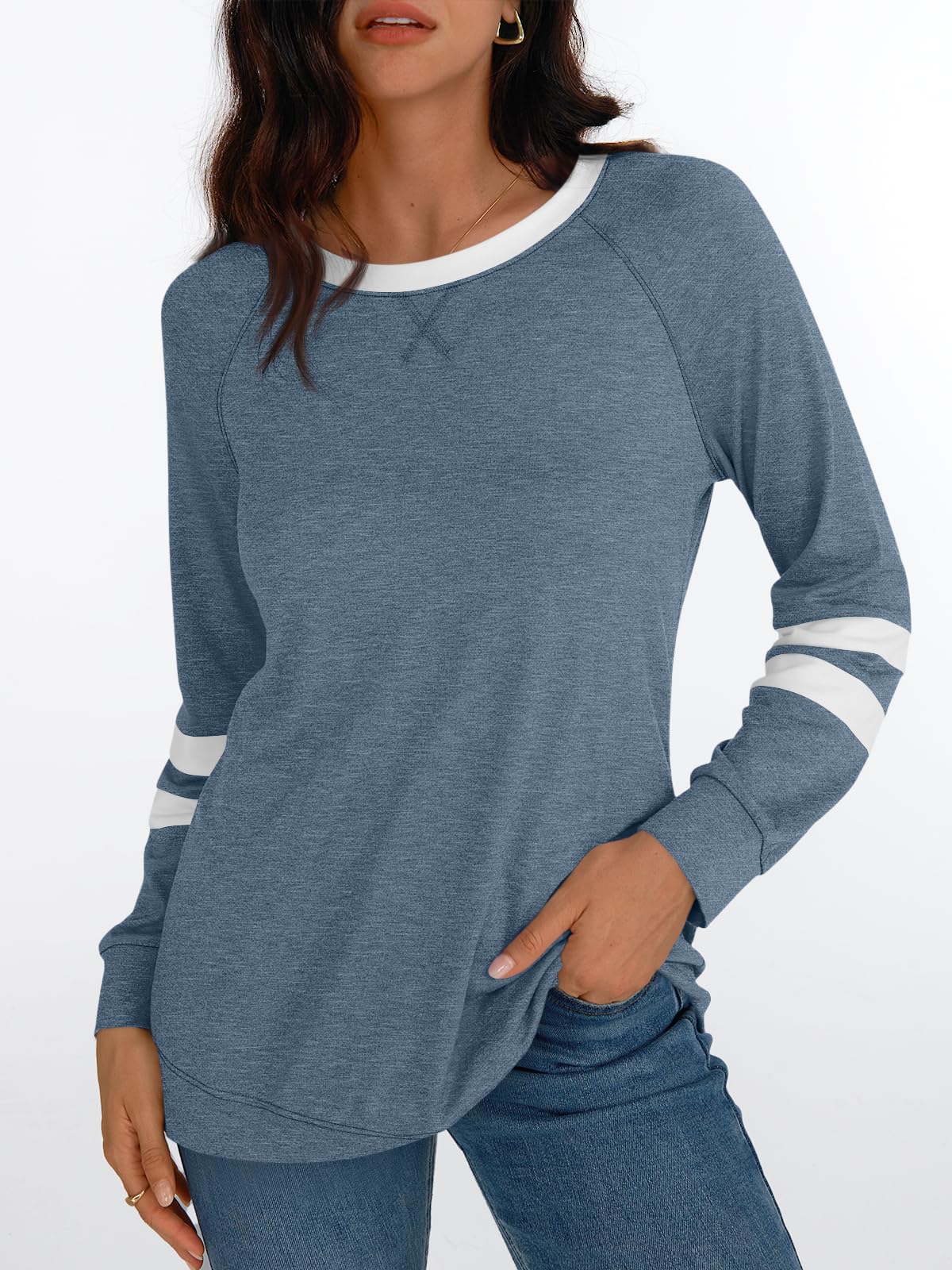 Womens Long Sleeve Shirts Color Block Casual Crewneck Tops Tshirt Basic Tees Fashion Clothes Trendy Outfits