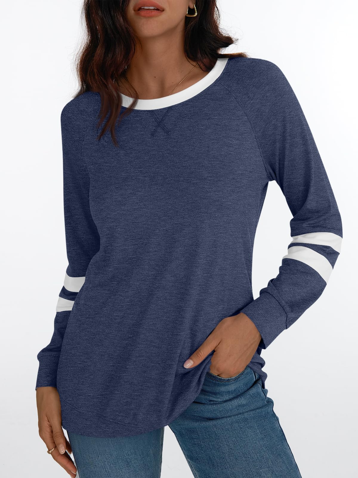 Womens Long Sleeve Shirts Color Block Casual Crewneck Tops Tshirt Basic Tees Fashion Clothes Trendy Outfits