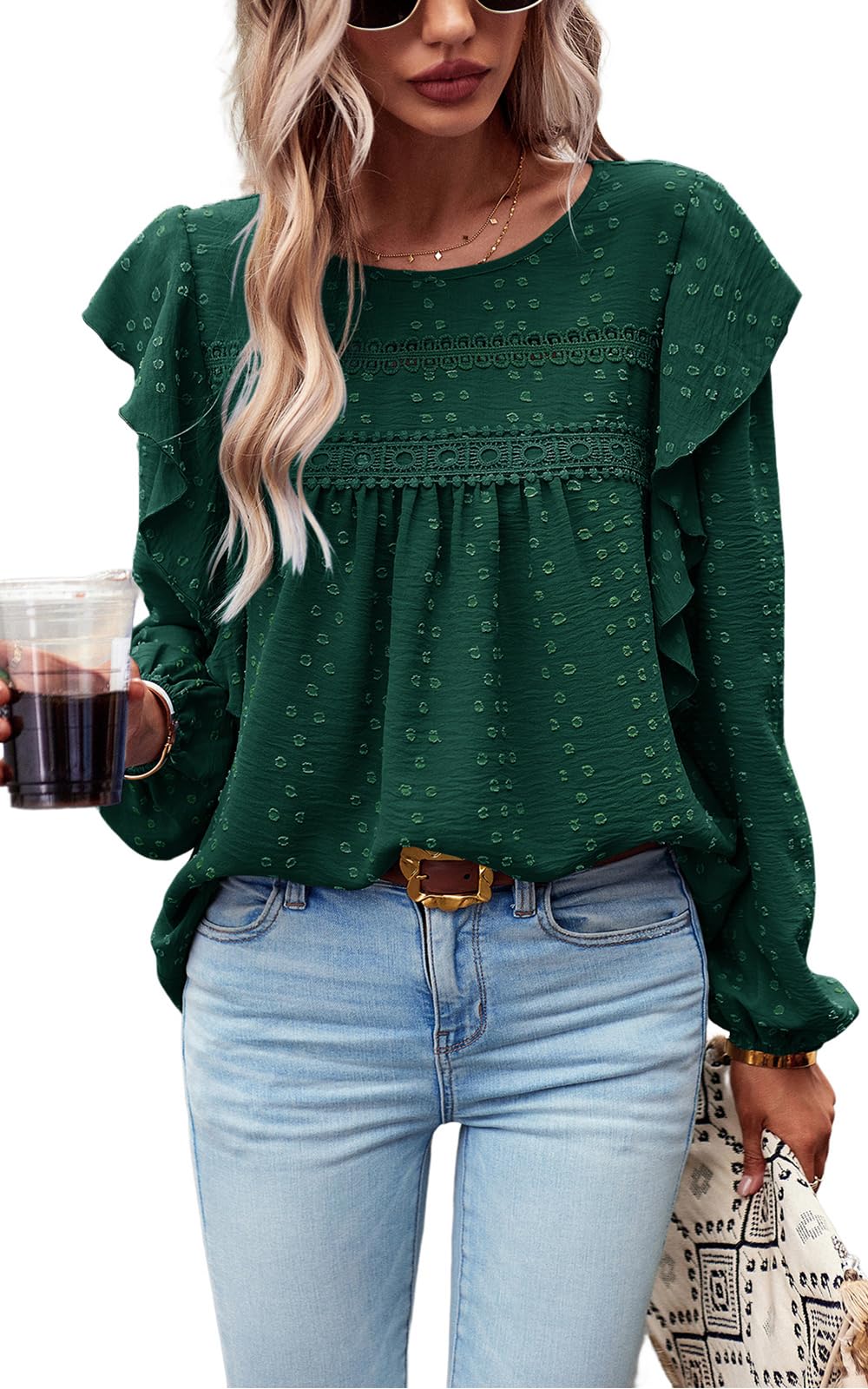 Women's Long Sleeve Blouses Ruffle Swiss Dot Crochet Loose Fit