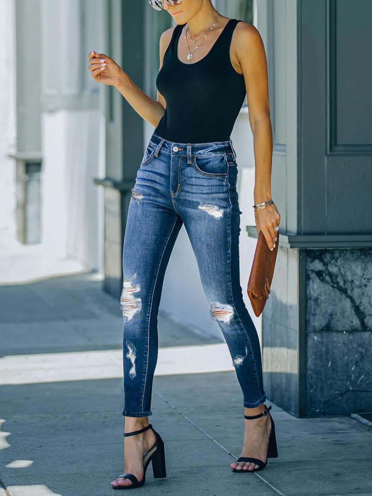 Women's Ripped Skinny Jeans Distressed Stretchy Denim Pants