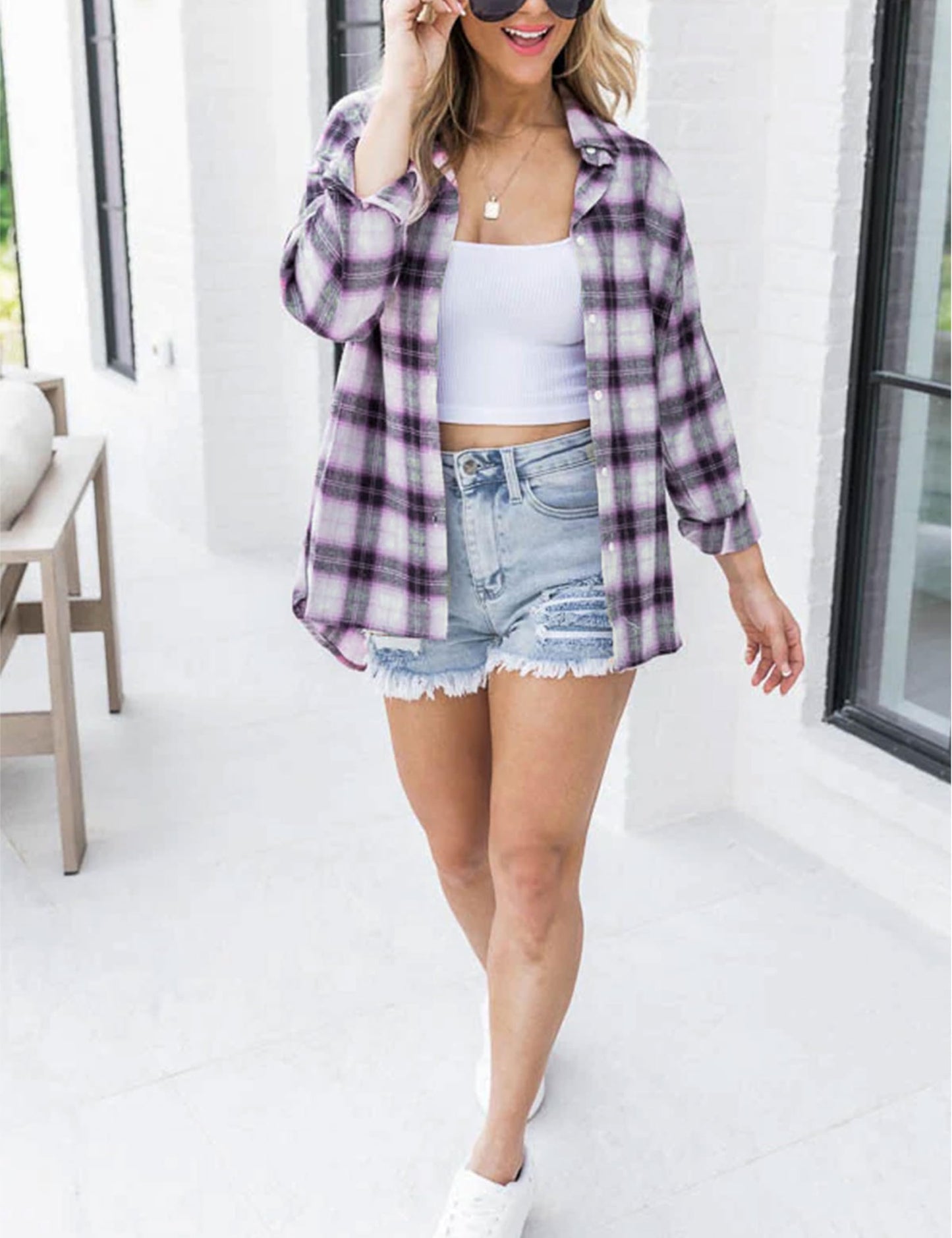 Plaid Flannel Shirts for Women Oversized Long Sleeve Button Down Buffalo Plaid Shirt Blouse Tops