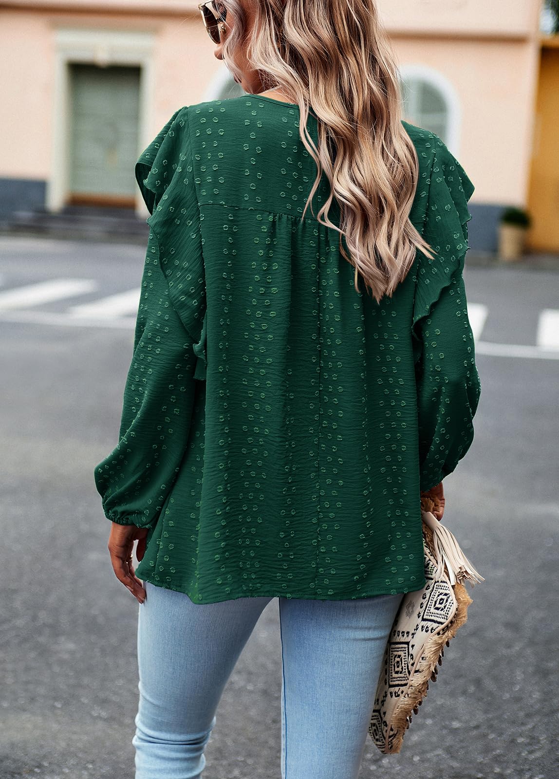 Women's Long Sleeve Blouses Ruffle Swiss Dot Crochet Loose Fit