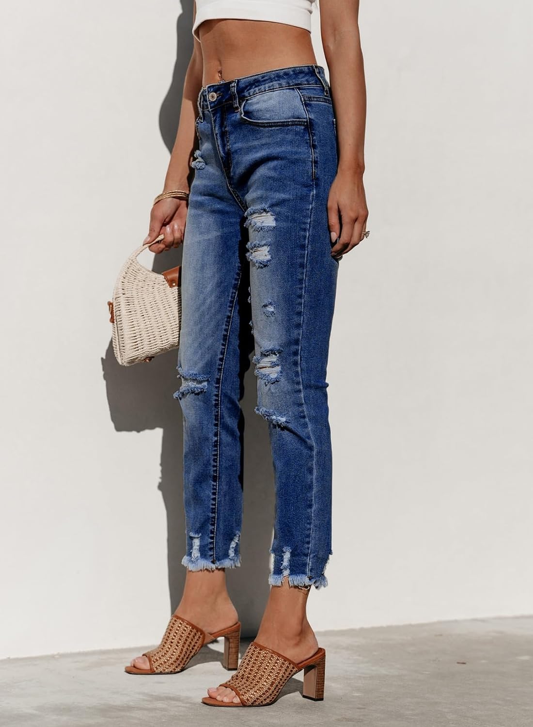 Women's Ripped Jeans Straight Leg Distressed Boyfriend Denim Pants