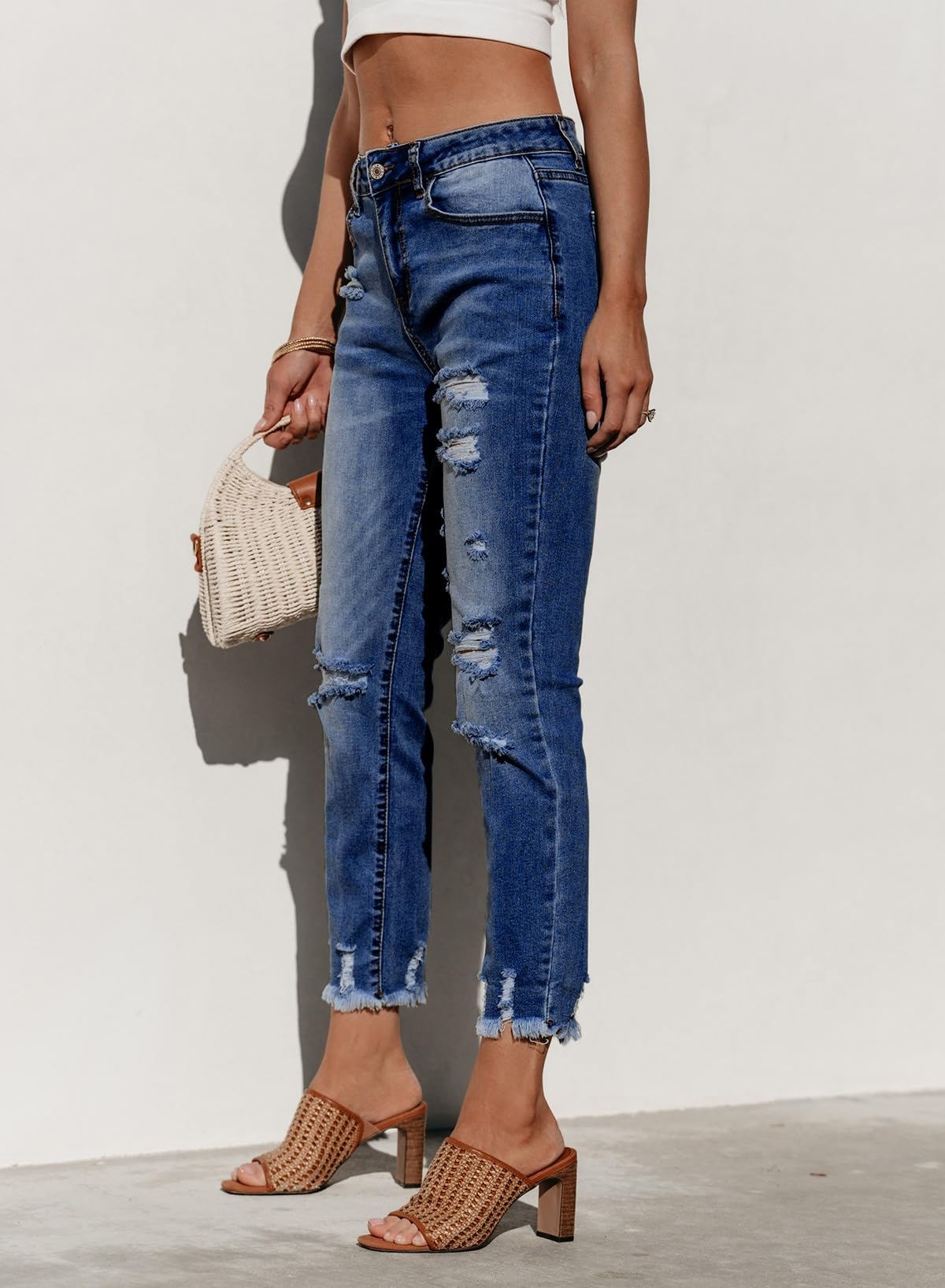 Women's Ripped Jeans Straight Leg Distressed Boyfriend Denim Pants