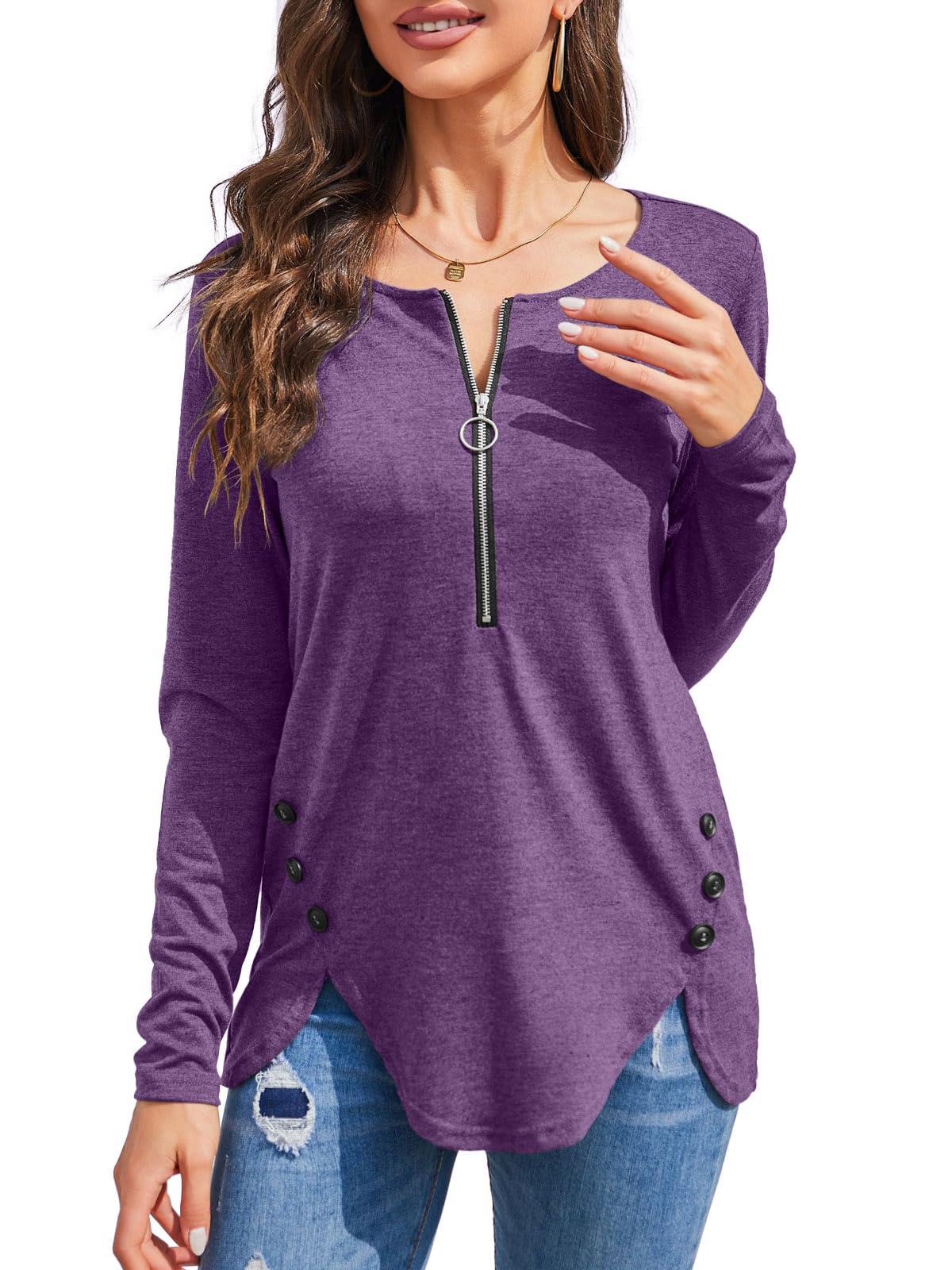 Womens Casual Long Sleeve Tunic Shirts Round Neck Button Side Blouses Tops