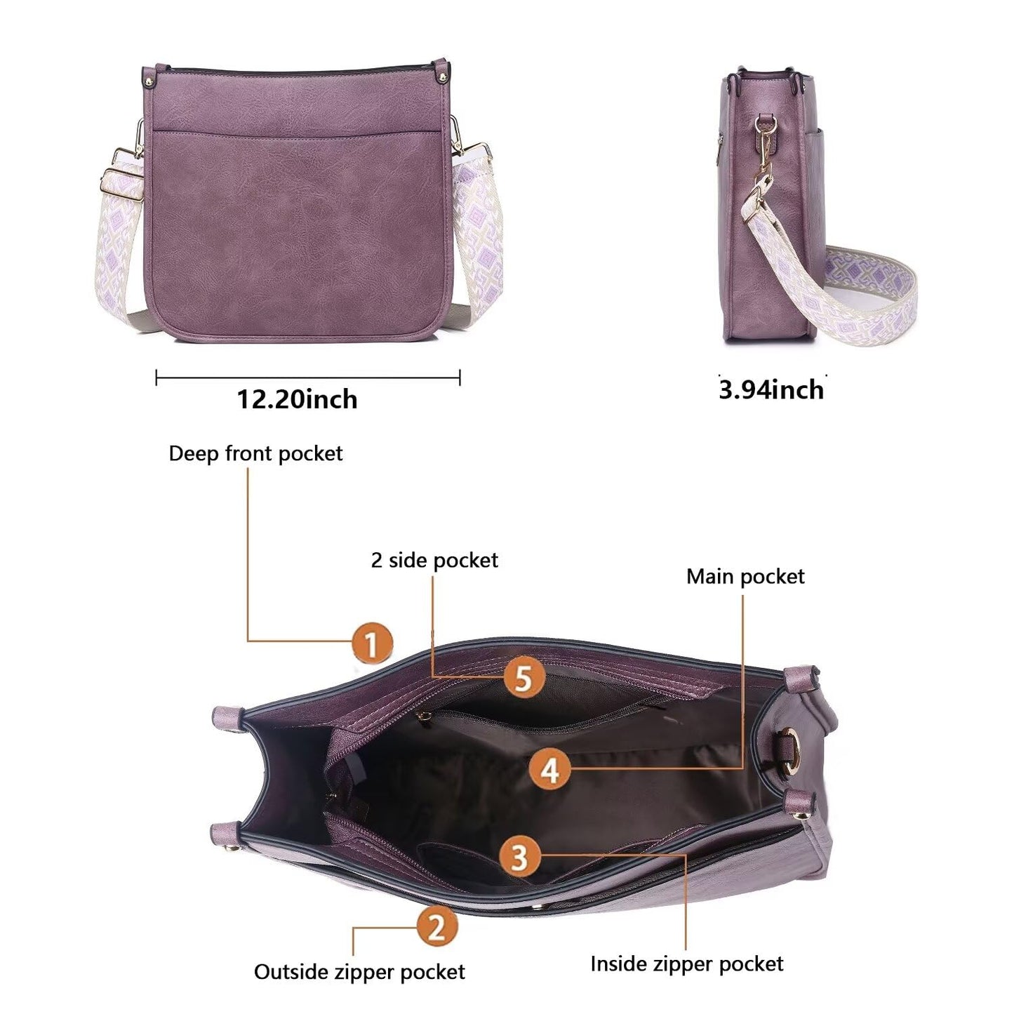 Vegan Leather Crossbody Bags for Women, Crossbody Purse with Guitar Strap Zipped Pockets Handbag