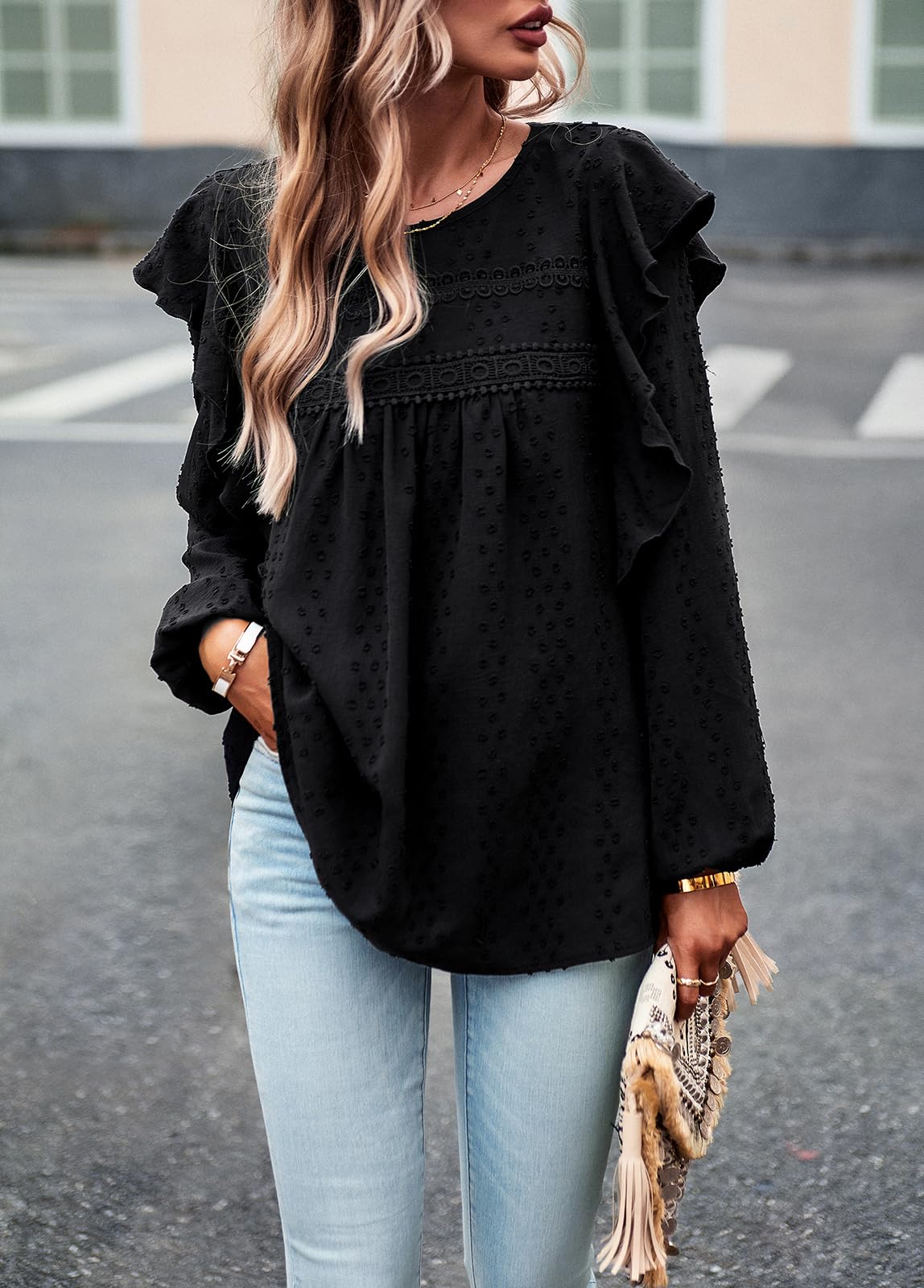 Women's Long Sleeve Blouses Ruffle Swiss Dot Crochet Loose Fit