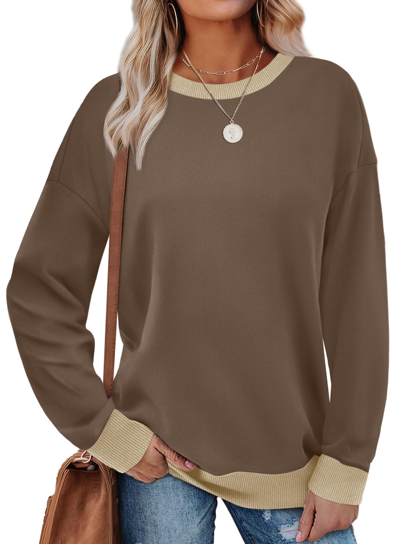 Sweatshirts for Women Crewneck Long Sleeve Loose Fit Tops Color Block Ribbed Trim Fashion