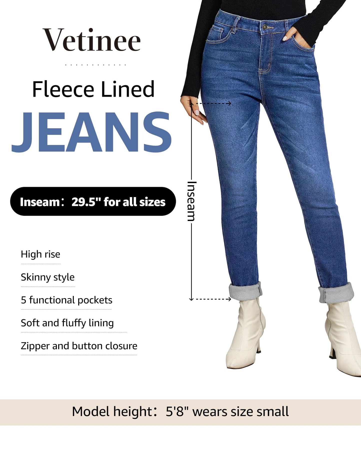 Vetinee Fleece Lined Jeans for Women High Waisted Skinny Winter Warm Slim Fit Thermal Jean Pants Stretchy Denim Jeggings