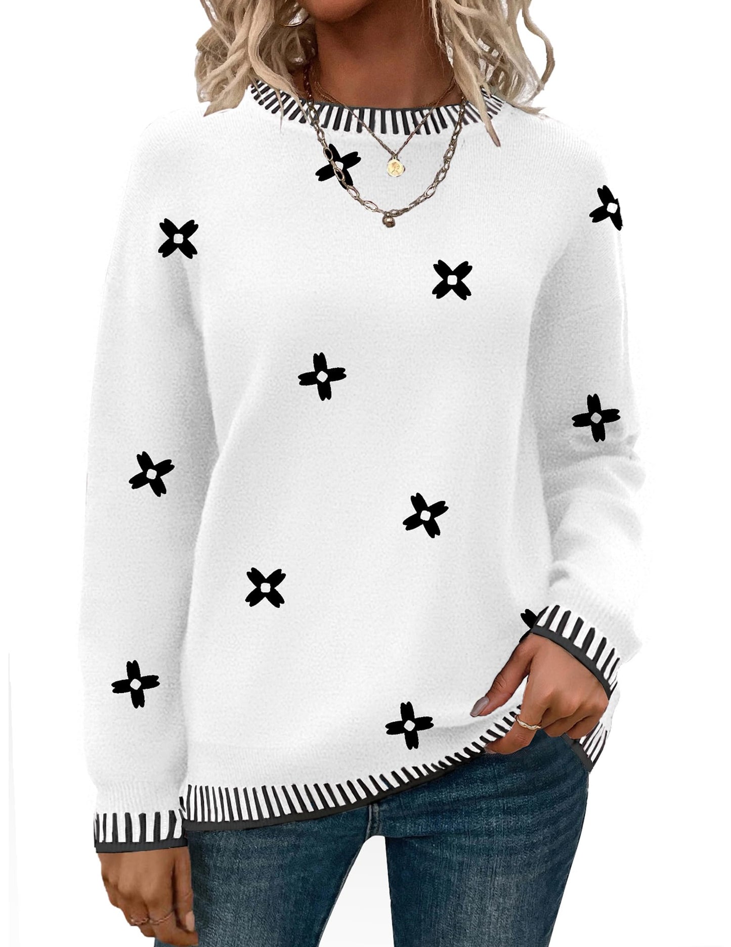 Womens Crewneck Pullover Sweater Long Sleeve Knit Side Slit
