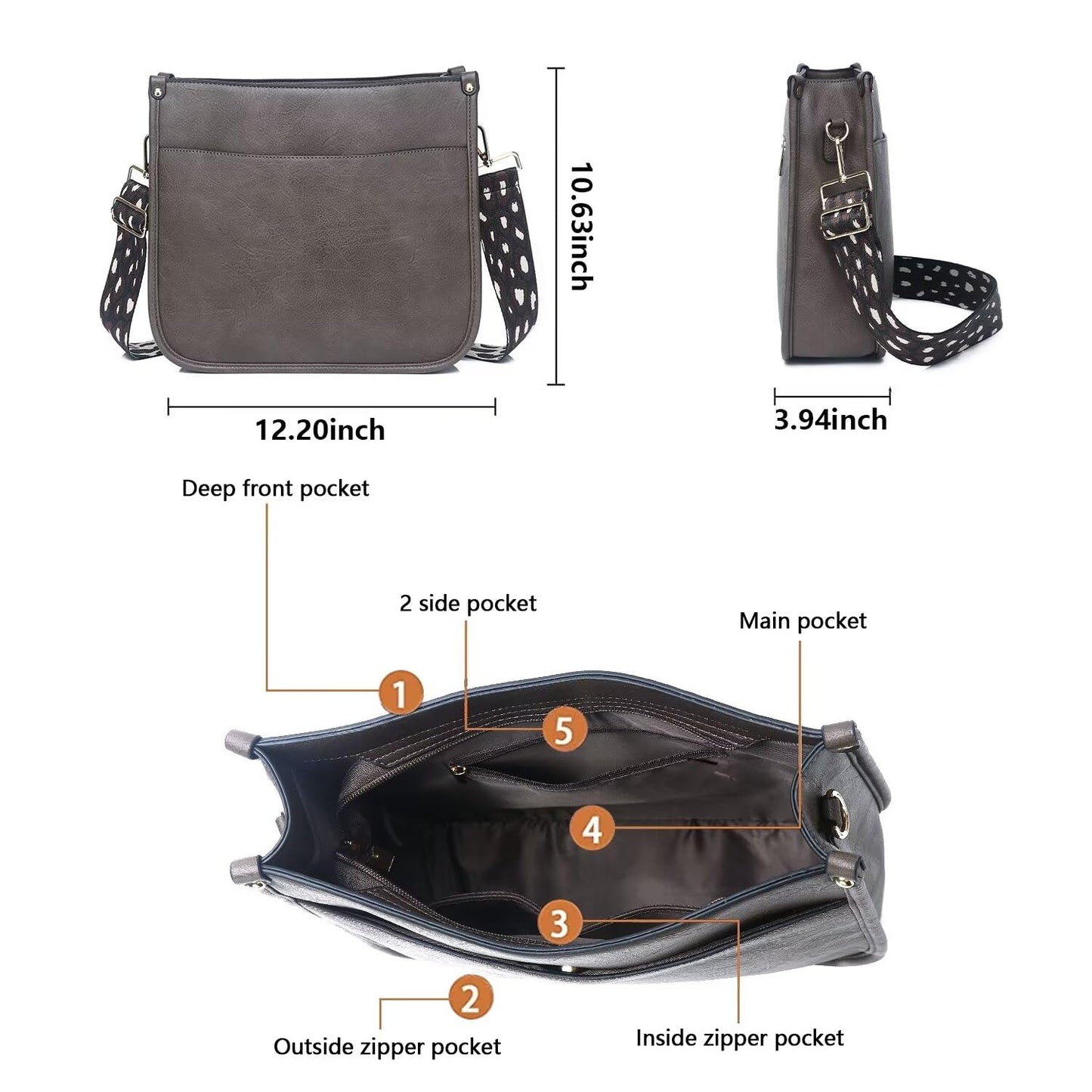 Vegan Leather Crossbody Bags for Women, Crossbody Purse with Guitar Strap Zipped Pockets Handbag