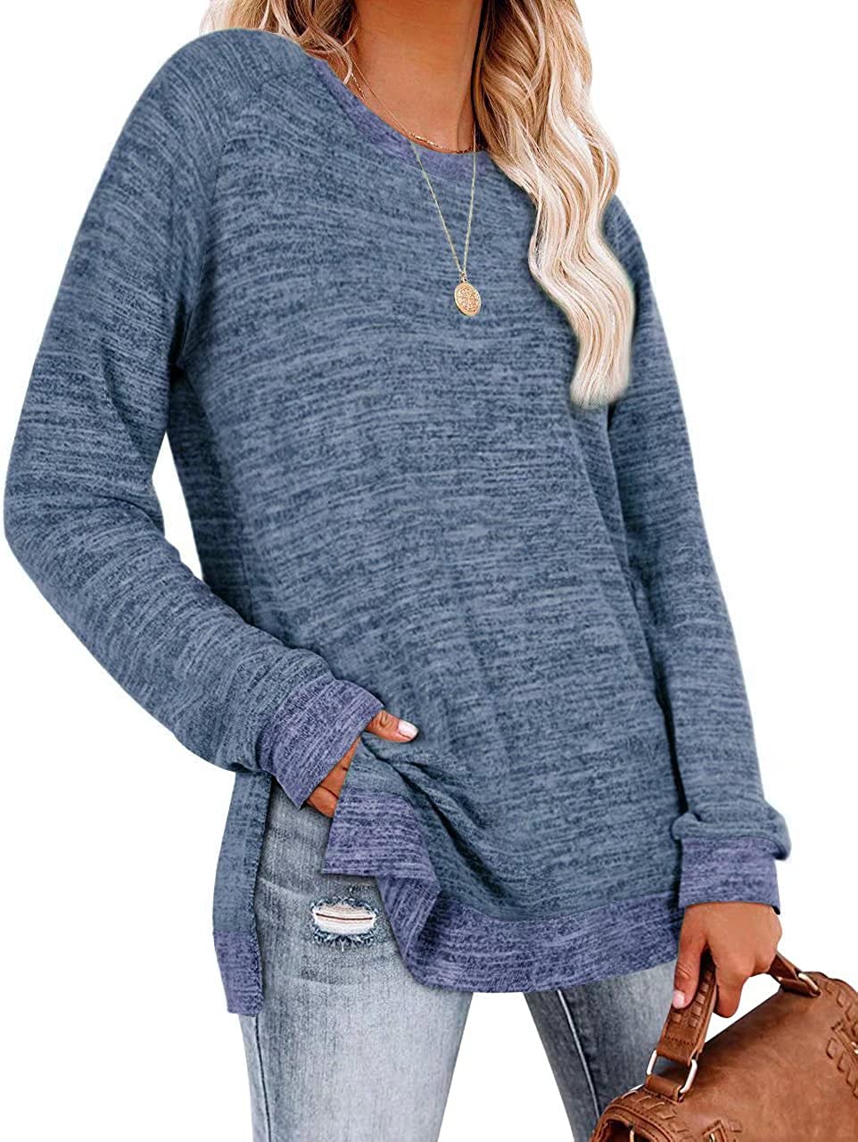 Womens Crewneck Pullovers Color Block Long Sleeve Side Split Tunic Tops