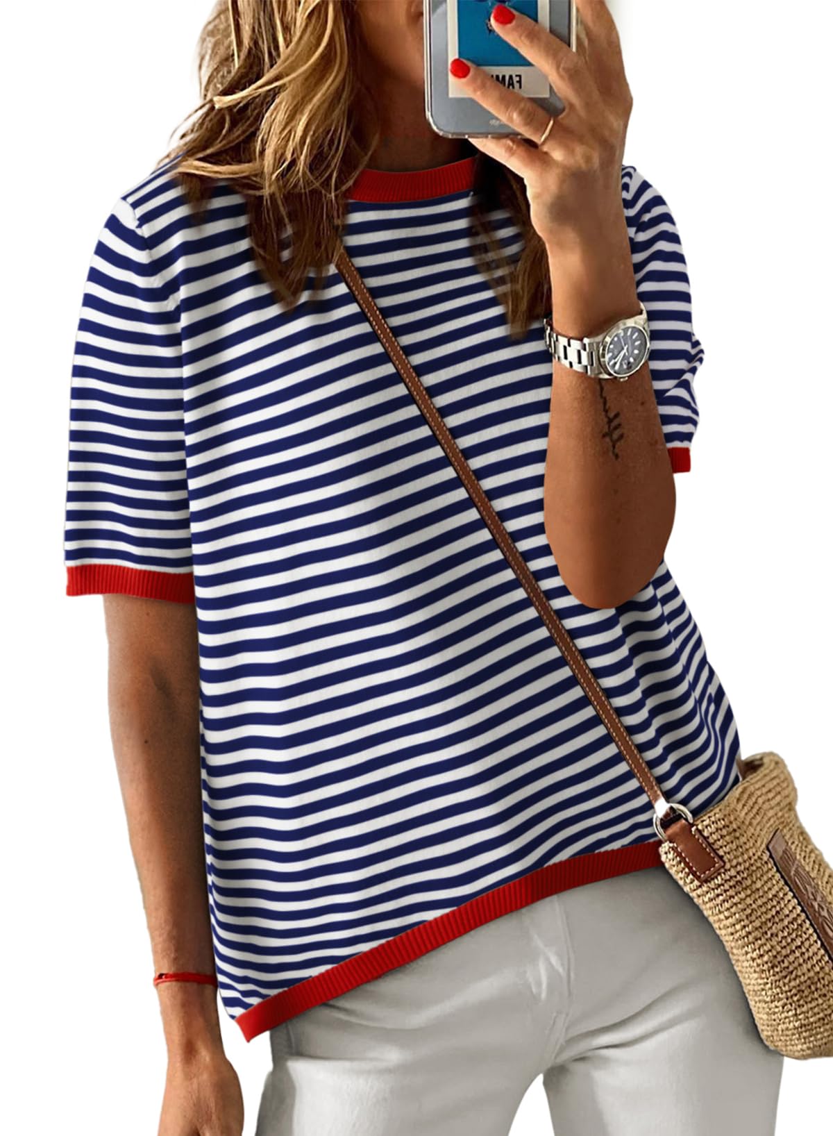 Womens Tops CasualCrewneck Short Sleeve Striped Color Block Knit Trendy Pullover Sweaters