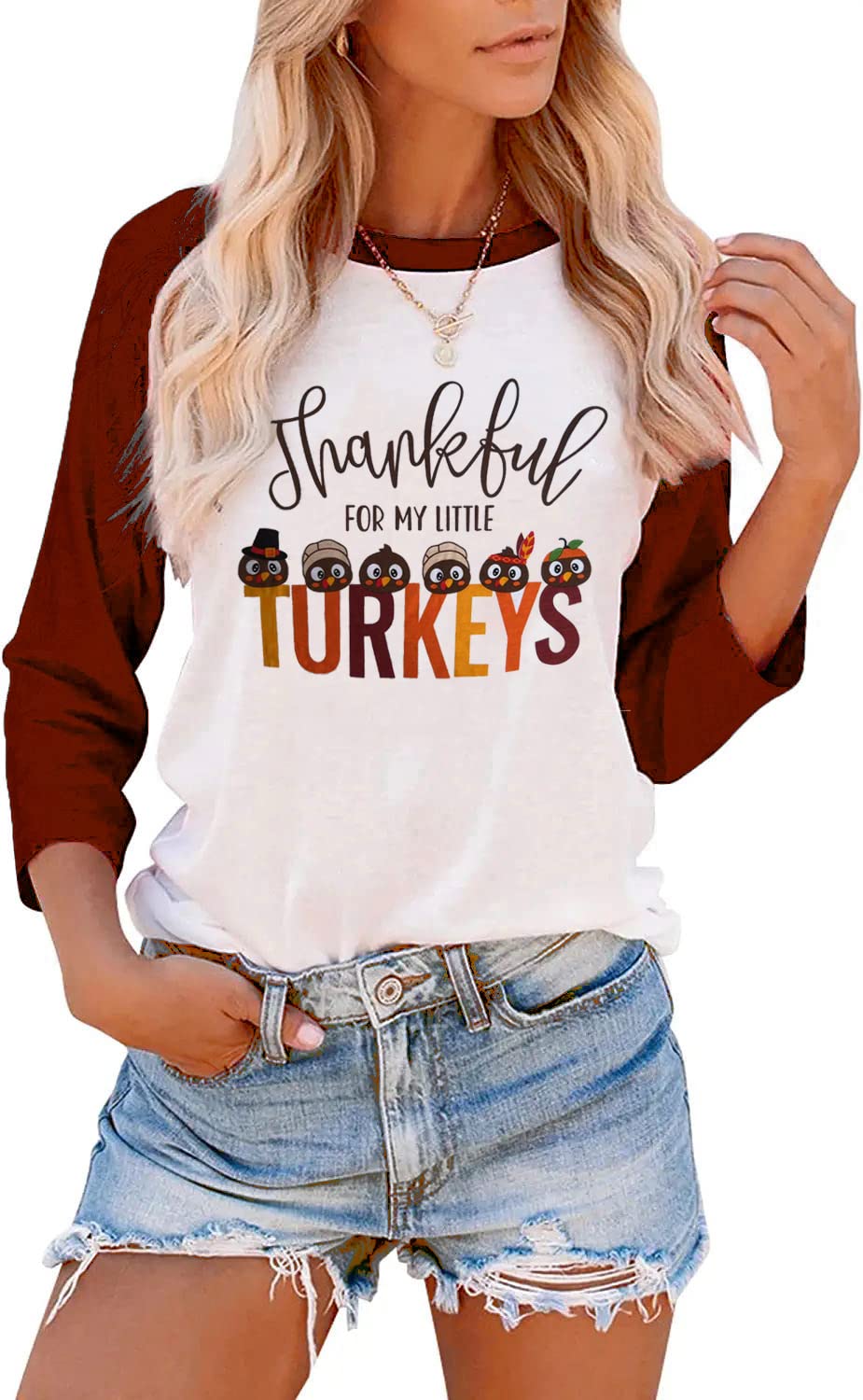 Thankful for My Little Turkeys Shirt Women Thanksgiving Tshirt Cute Graphic Raglan 3/4 Sleeve Baseball Tee Tops