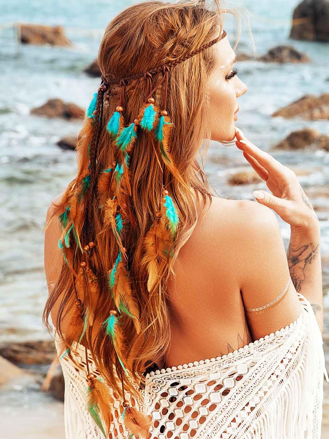 GORTIN Boho Feather Headband Gypsy Headpiece Headdress Bohemian Hippie Headbands Indian Festival Hair Band Adjust Long Feather Hair Accessories for Women and Girls (Black+Green)