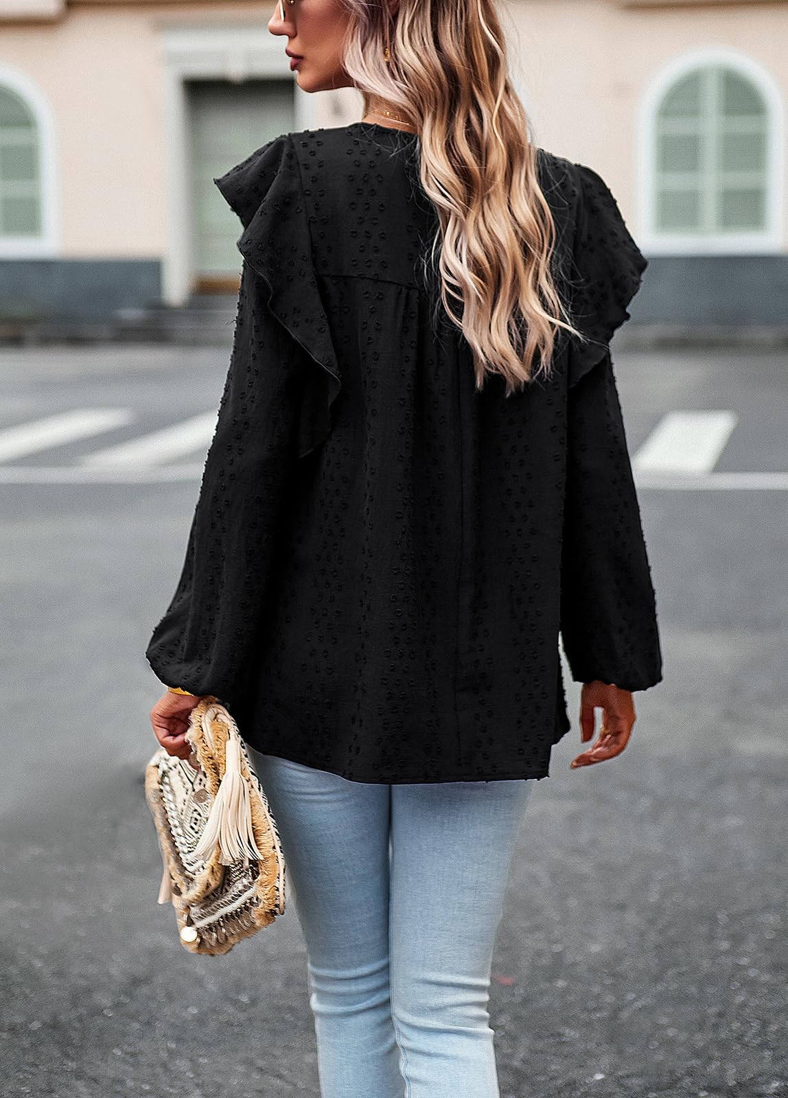 Women's Long Sleeve Blouses Ruffle Swiss Dot Crochet Loose Fit