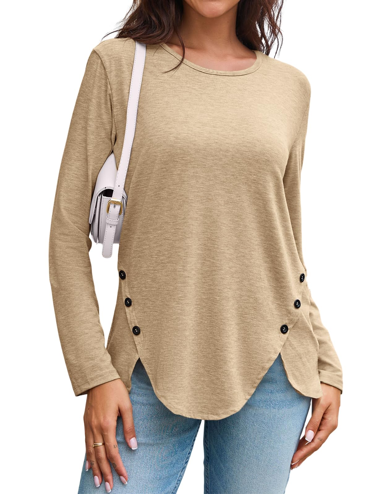 Womens Casual Long Sleeve Tunic Shirts Round Neck Button Side Blouses Tops