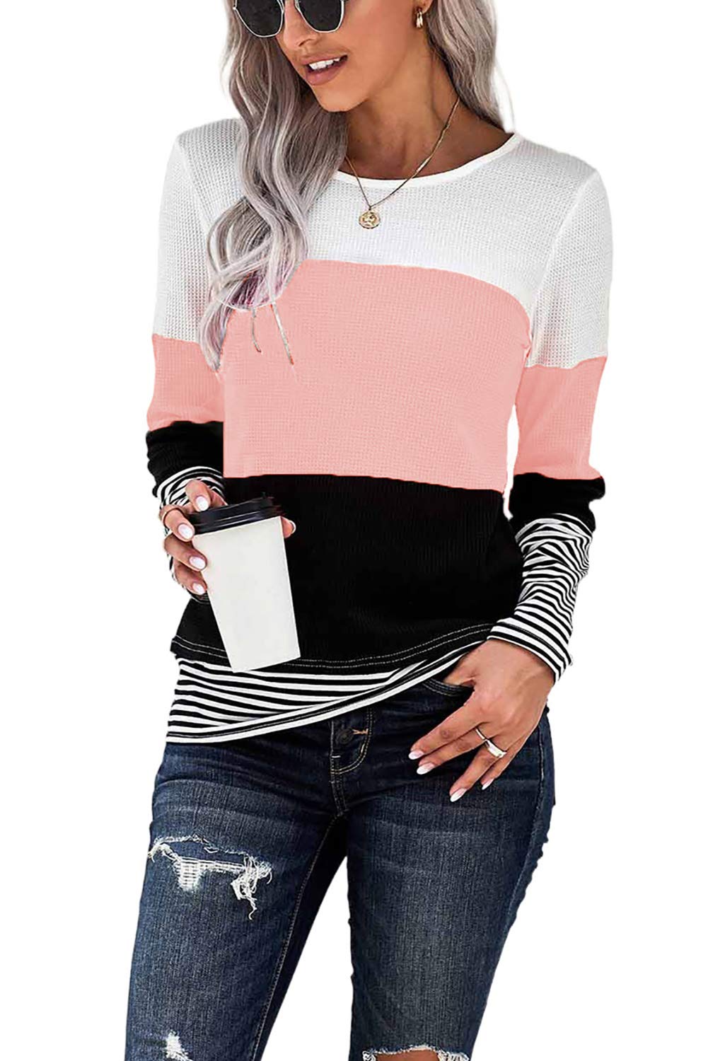 Womens Color Block Loose Long/Short Sleeve T Shirts Casual Comfy Tops