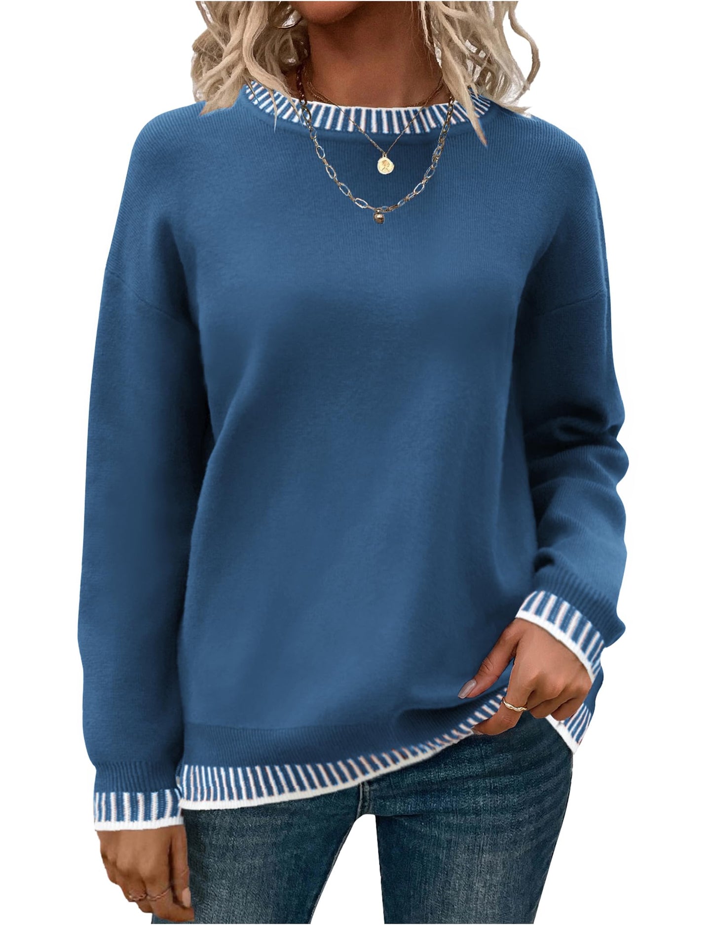 Womens Crewneck Pullover Sweater Long Sleeve Knit Side Slit