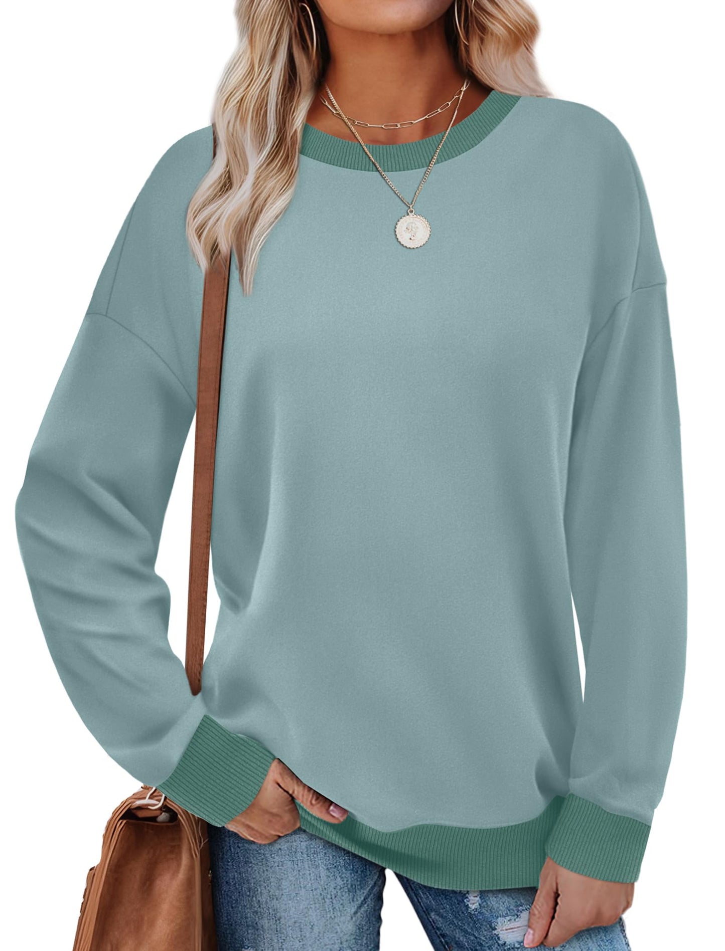 Sweatshirts for Women Crewneck Long Sleeve Loose Fit Tops Color Block Ribbed Trim Fashion