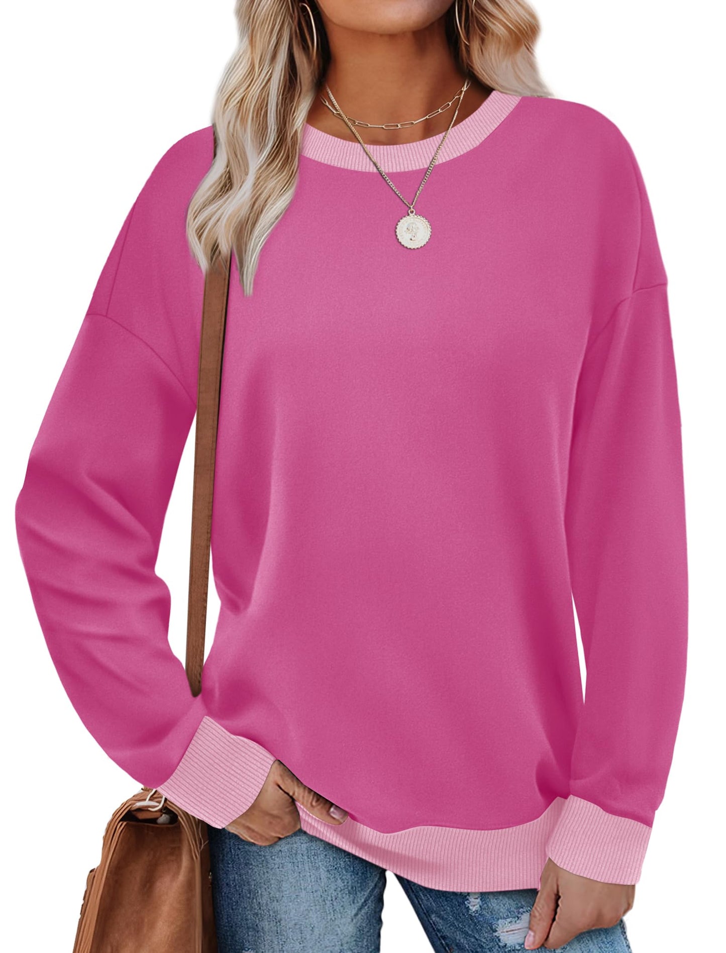 Sweatshirts for Women Crewneck Long Sleeve Loose Fit Tops Color Block Ribbed Trim Fashion