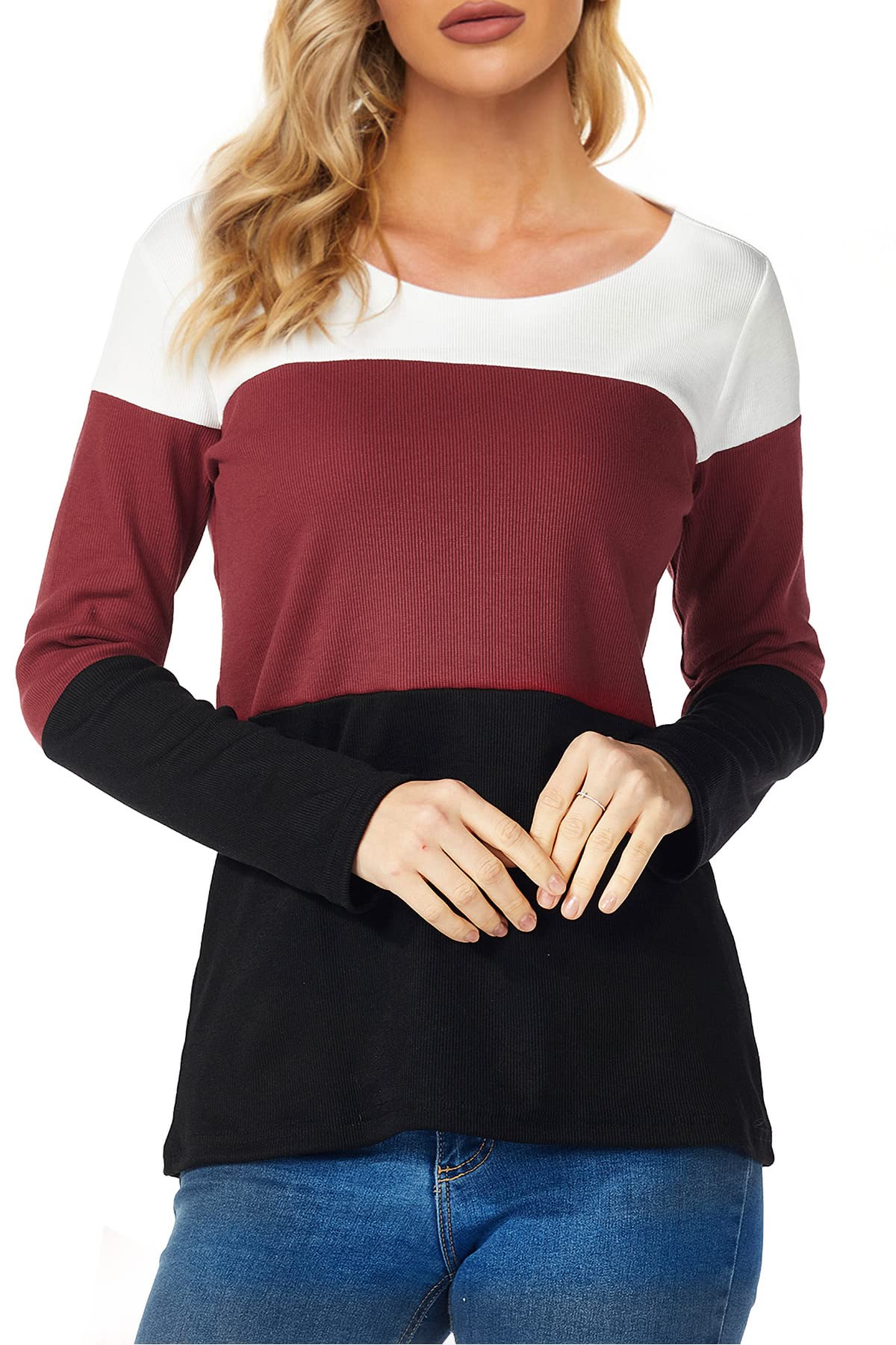 Womens Color Block Loose Long/Short Sleeve T Shirts Casual Comfy Tops