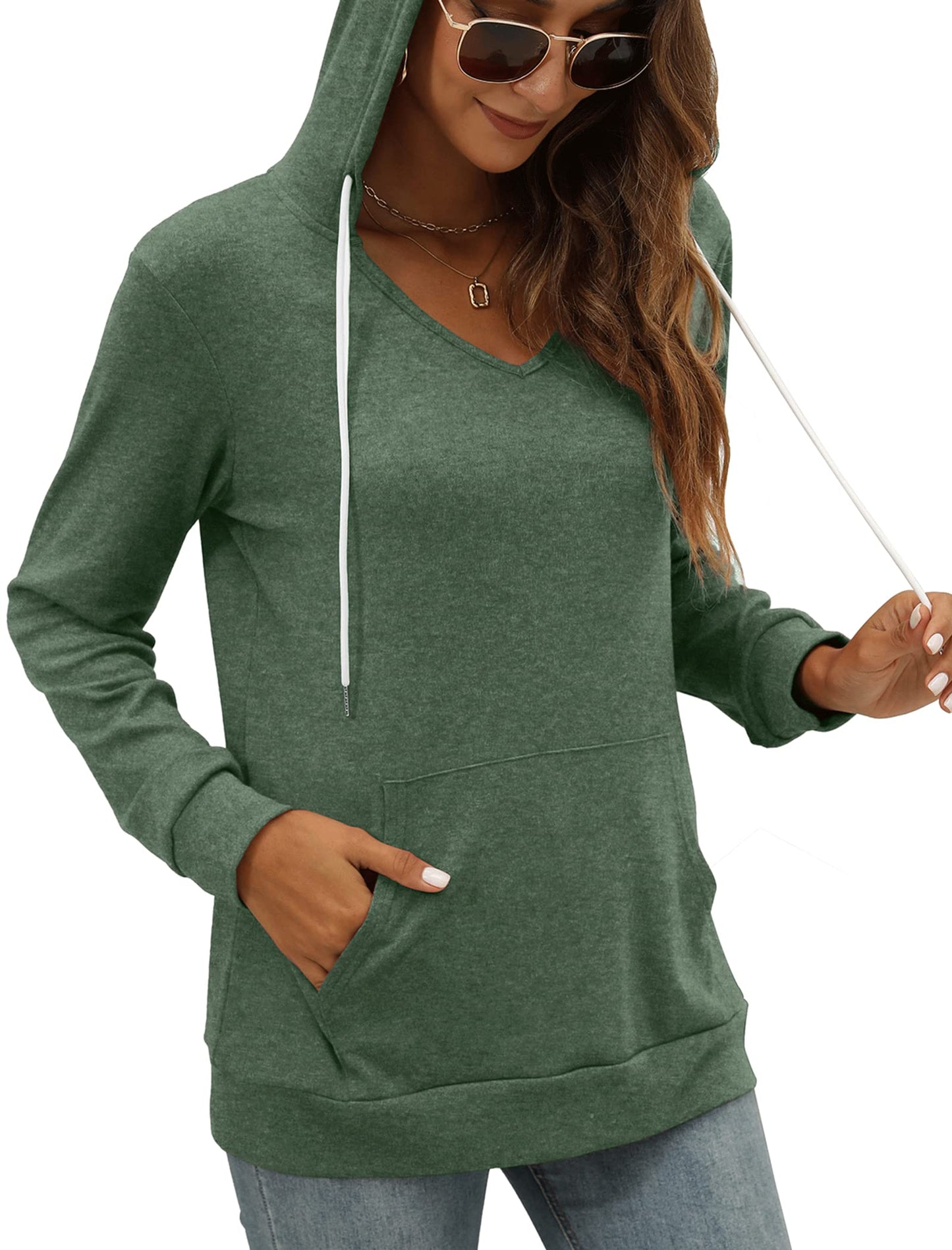 Pocket Hoodies for Womens V Neck Lightweight Sweatshirts Long Sleeve Tops