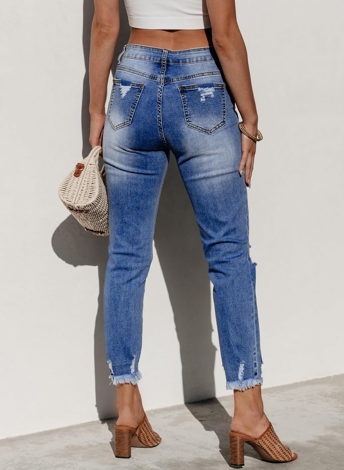 Women's Ripped Jeans Straight Leg Distressed Boyfriend Denim Pants