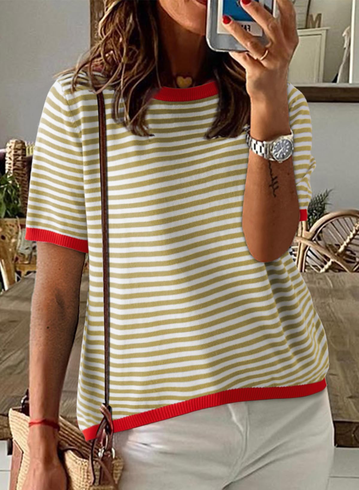 Womens Tops CasualCrewneck Short Sleeve Striped Color Block Knit Trendy Pullover Sweaters