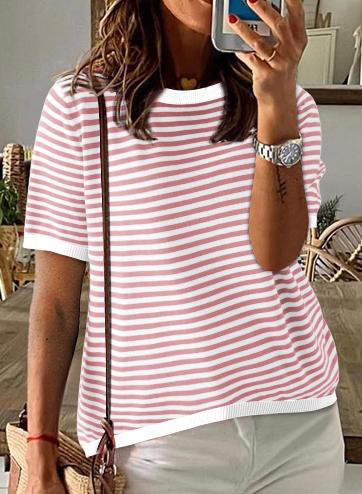 Womens Tops CasualCrewneck Short Sleeve Striped Color Block Knit Trendy Pullover Sweaters