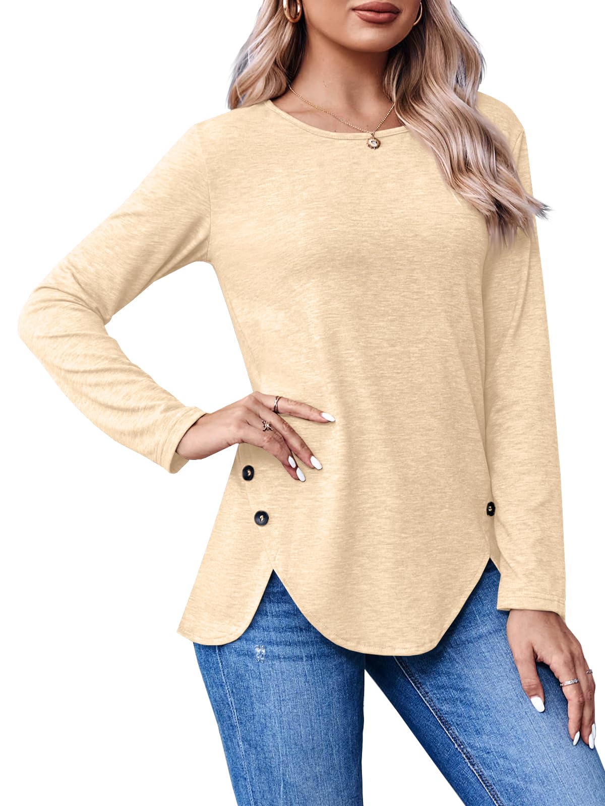 Womens Casual Long Sleeve Tunic Shirts Round Neck Button Side Blouses Tops